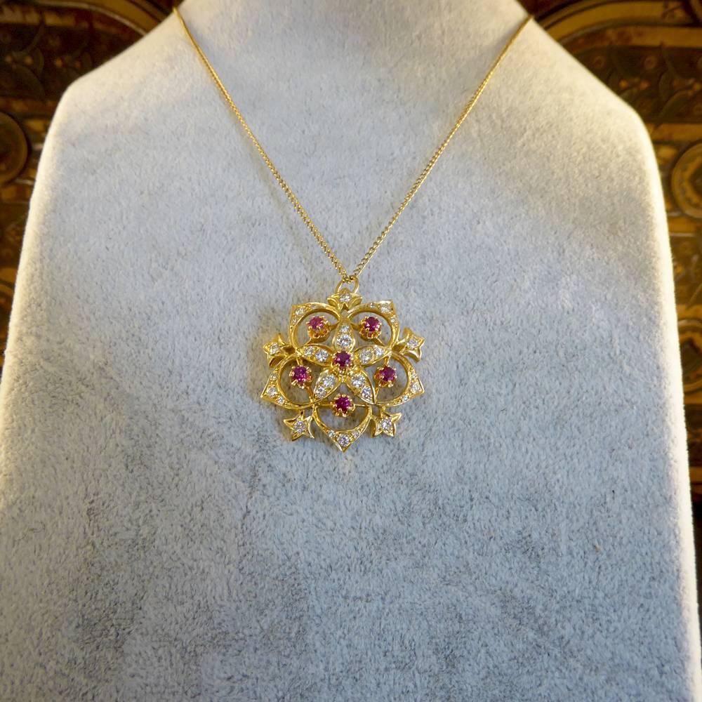 Ruby and Diamond Flower Pendant on 9 Carat Yellow Gold Chain 3
