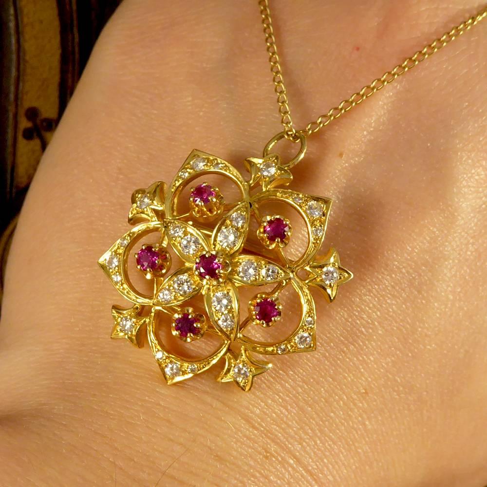 Ruby and Diamond Flower Pendant on 9 Carat Yellow Gold Chain 4