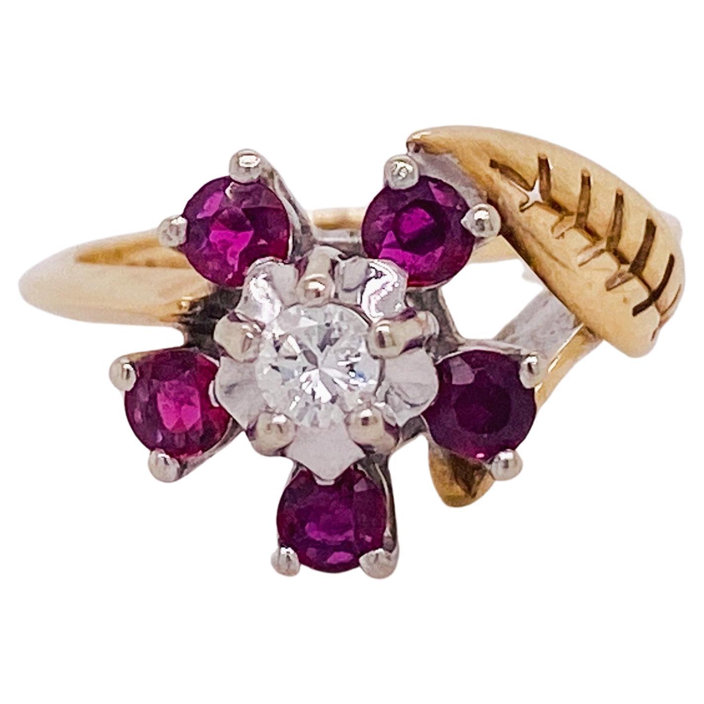 Ruby and Diamond Flower Ring in 14k Gold, Floral Pierced Leaf Asymmetry (LV) For Sale