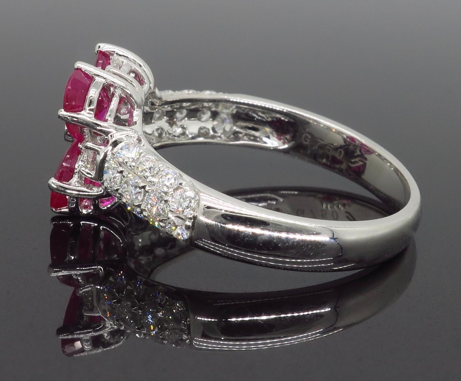 Women's or Men's Ruby and Diamond Flower Ring in 18 Karat White Gold