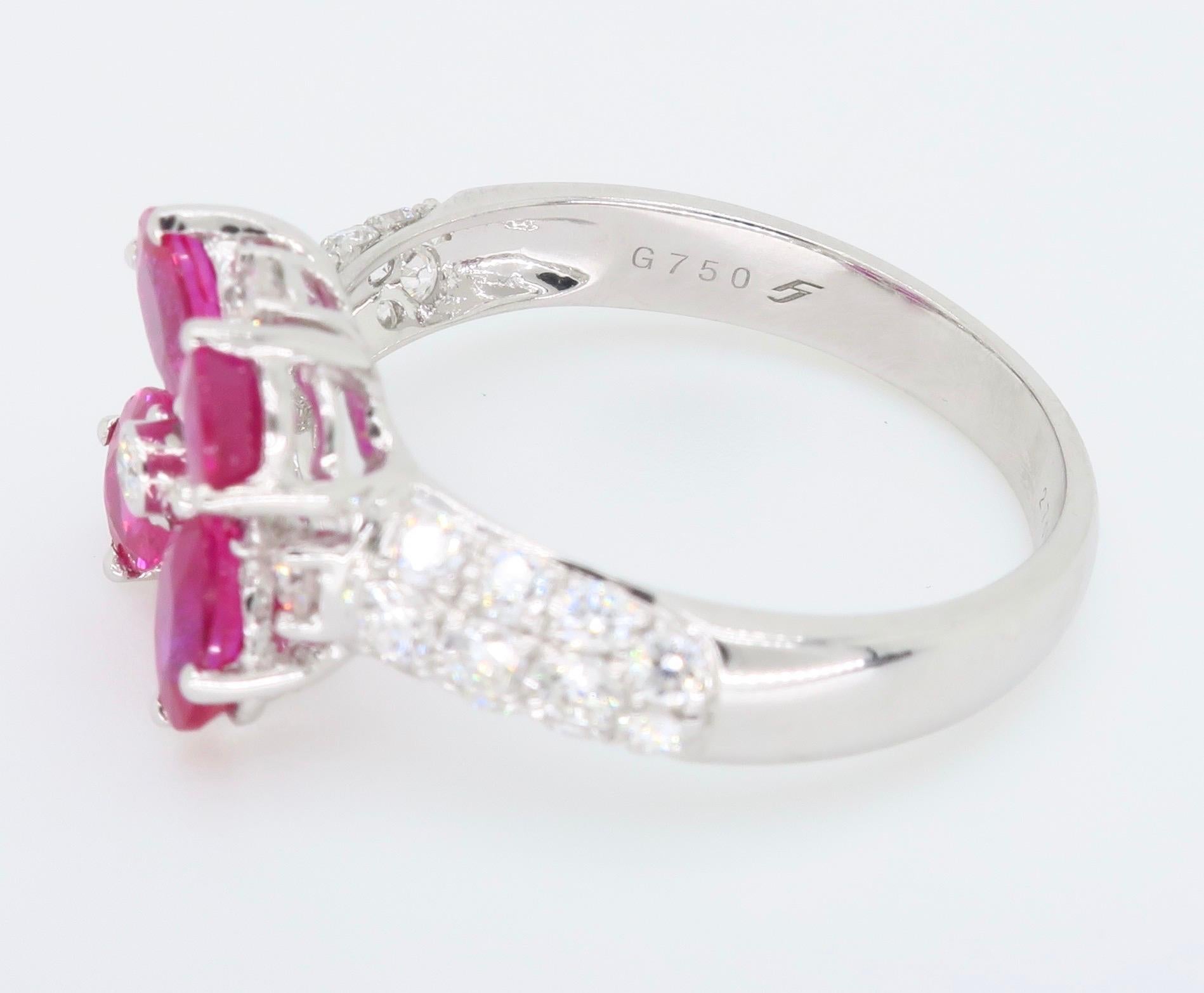 Ruby and Diamond Flower Ring in 18 Karat White Gold 4