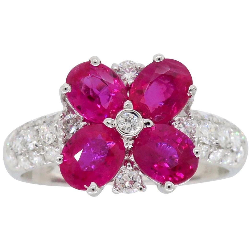 Ruby and Diamond Flower Ring in 18 Karat White Gold