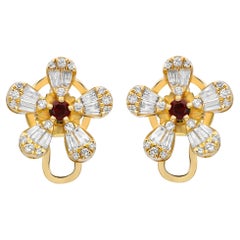 Ruby And Diamond Flower Stud Earrings 14K Yellow Gold 1.38Cttw