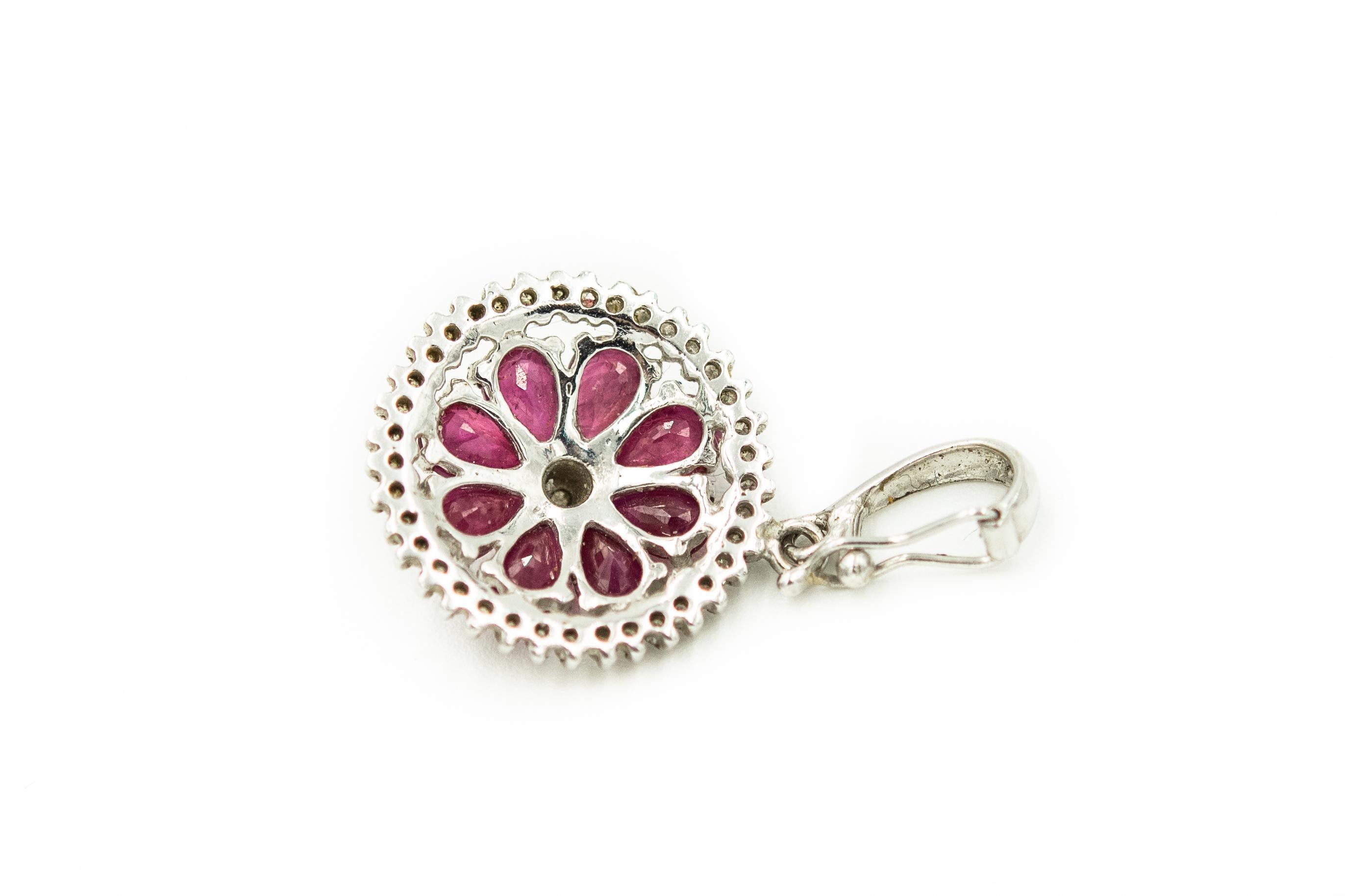 Ruby and Diamond Flower White Gold Earrings Pendant and Ring Suite Set 6