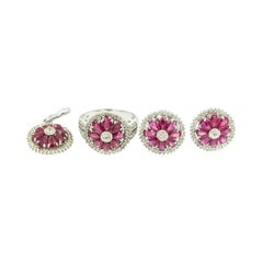 Ruby and Diamond Flower White Gold Earrings Pendant and Ring Suite Set
