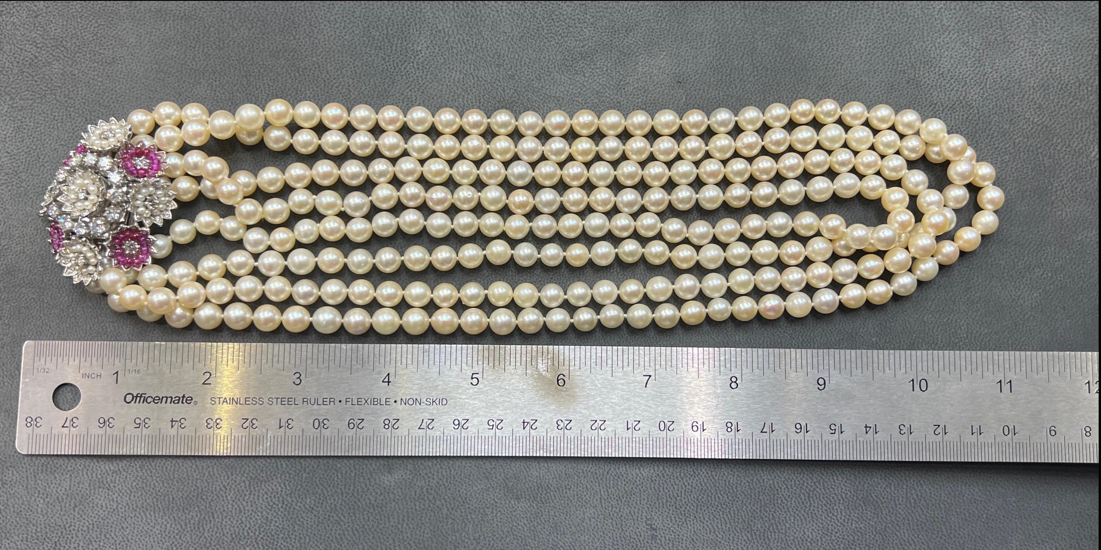 Collana di perle a quattro fili con rubini e diamanti in vendita 5