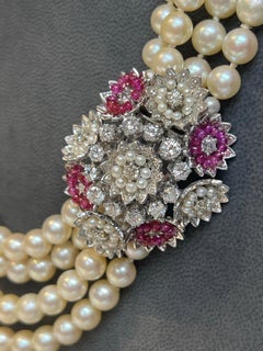 Ruby and Diamond Four Strand Pearl Necklace