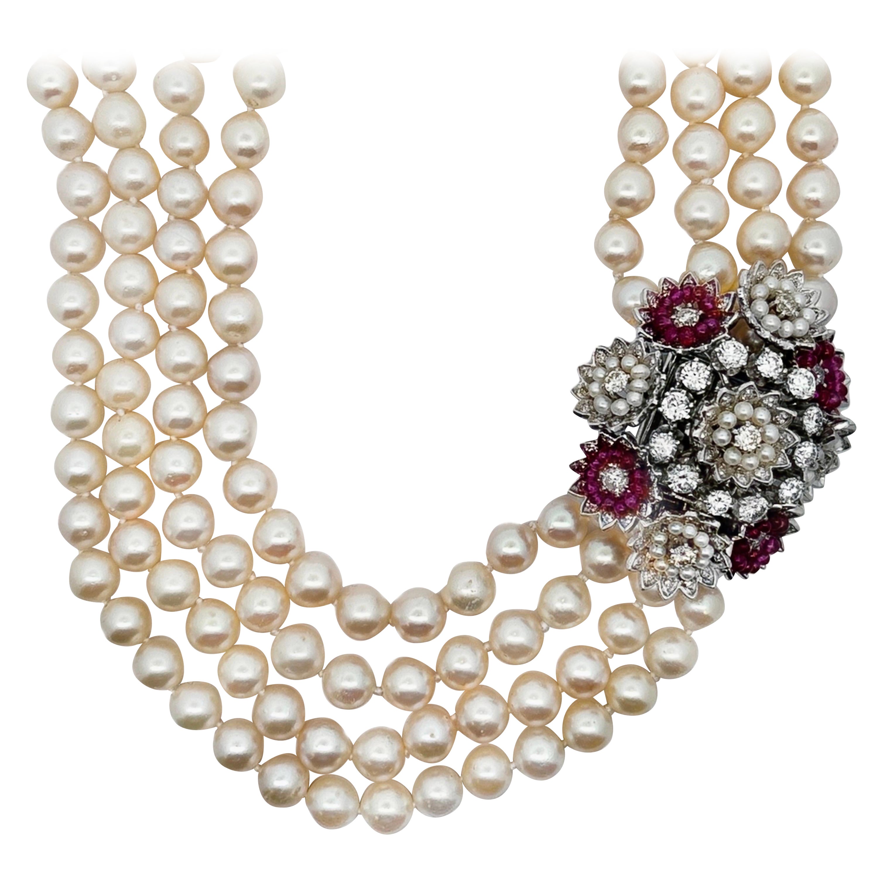 Collana di perle a quattro fili con rubini e diamanti in vendita