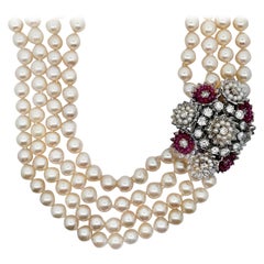Ruby and Diamond Four Strand Pearl Necklace