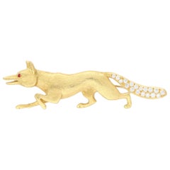 Ruby and Diamond Fox Brooch Set in 18 Karat Yellow Gold