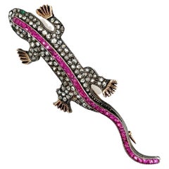 Ruby and Diamond Gecko Lizard Antique Gold Brooch Pin Estate Fine Jewelry
