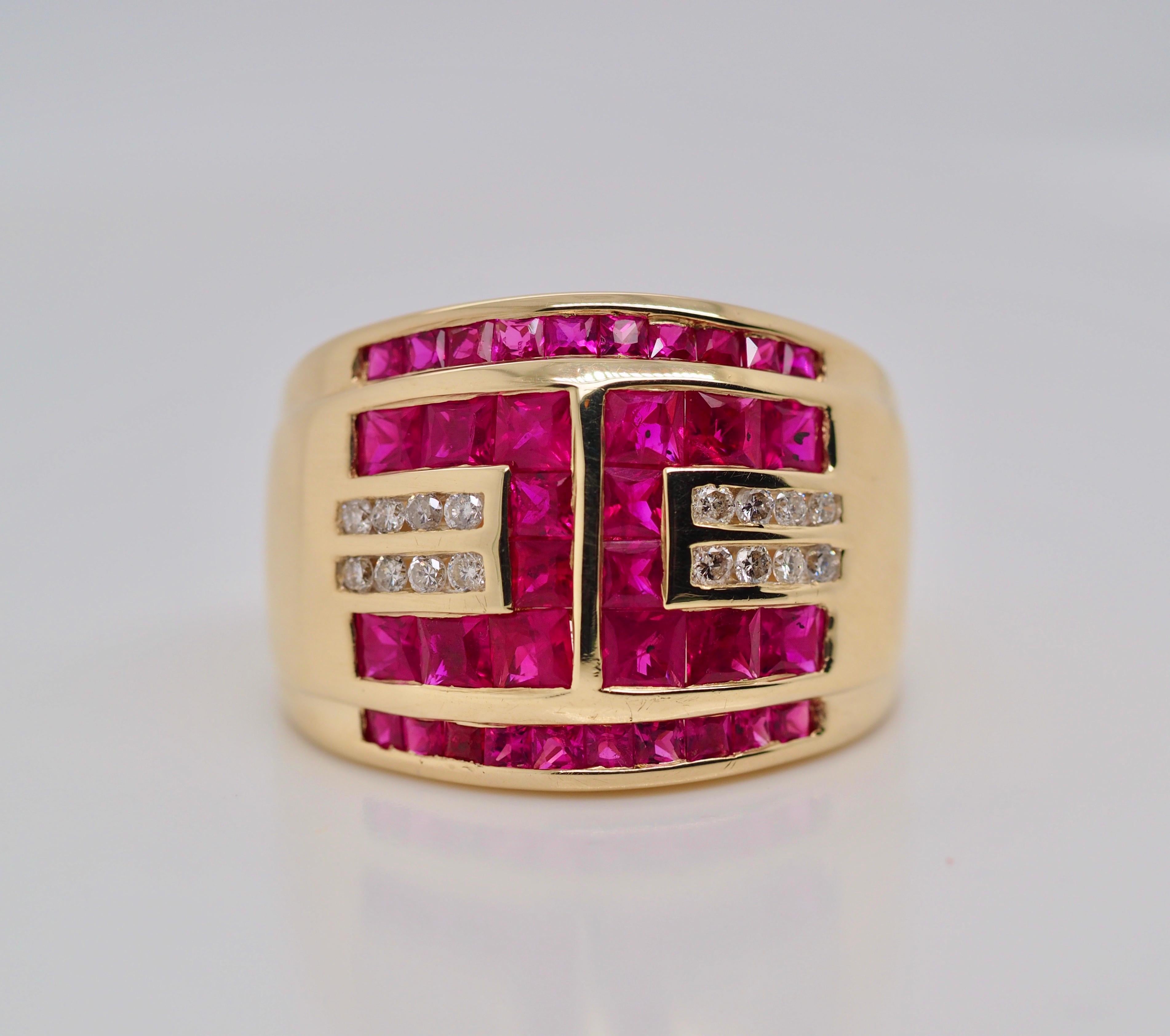 Retro Ruby and Diamond Geometric Yellow Gold Cocktail Ring