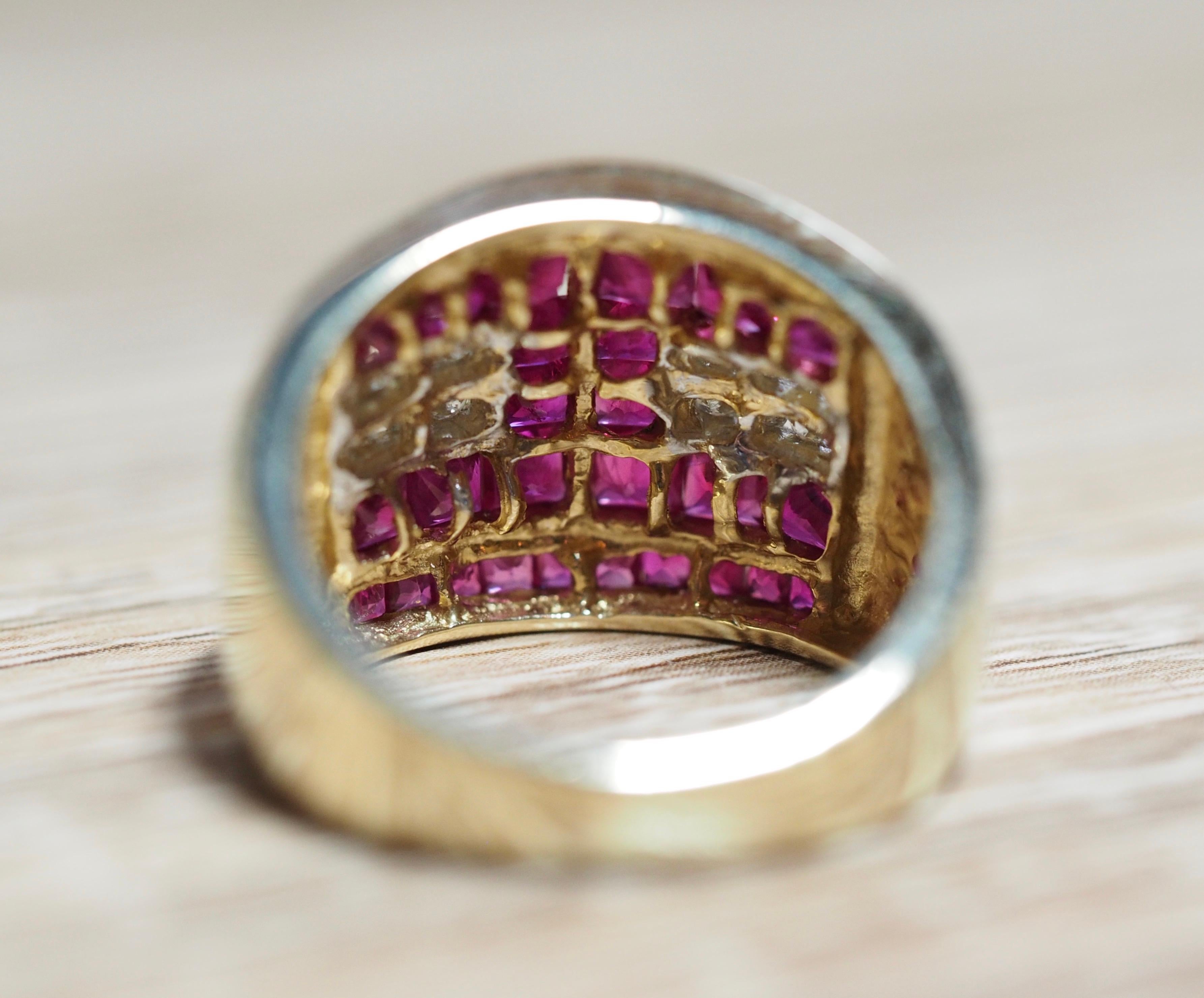 Ruby and Diamond Geometric Yellow Gold Cocktail Ring In Excellent Condition In Addison, TX