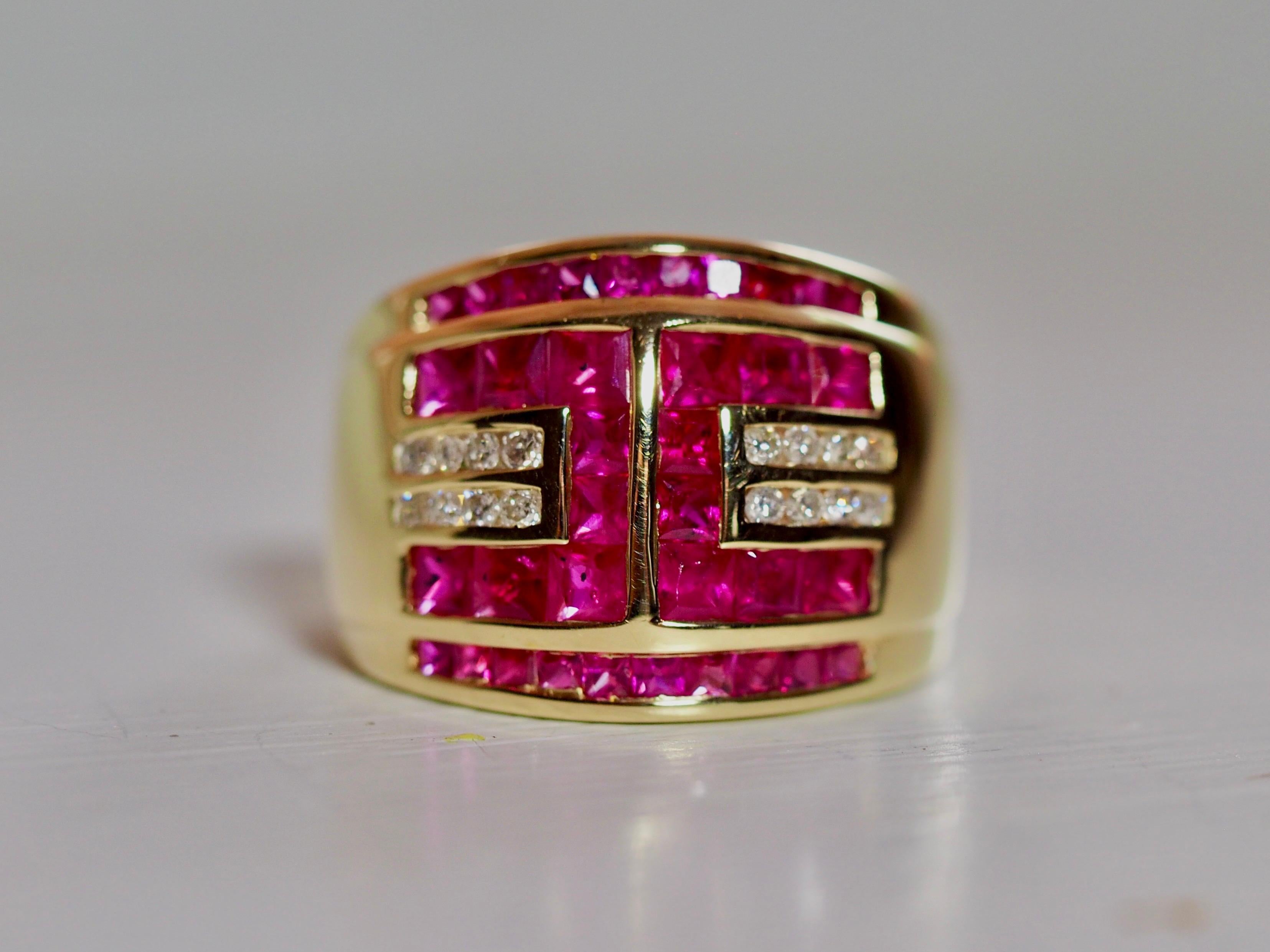 Women's or Men's Ruby and Diamond Geometric Yellow Gold Cocktail Ring