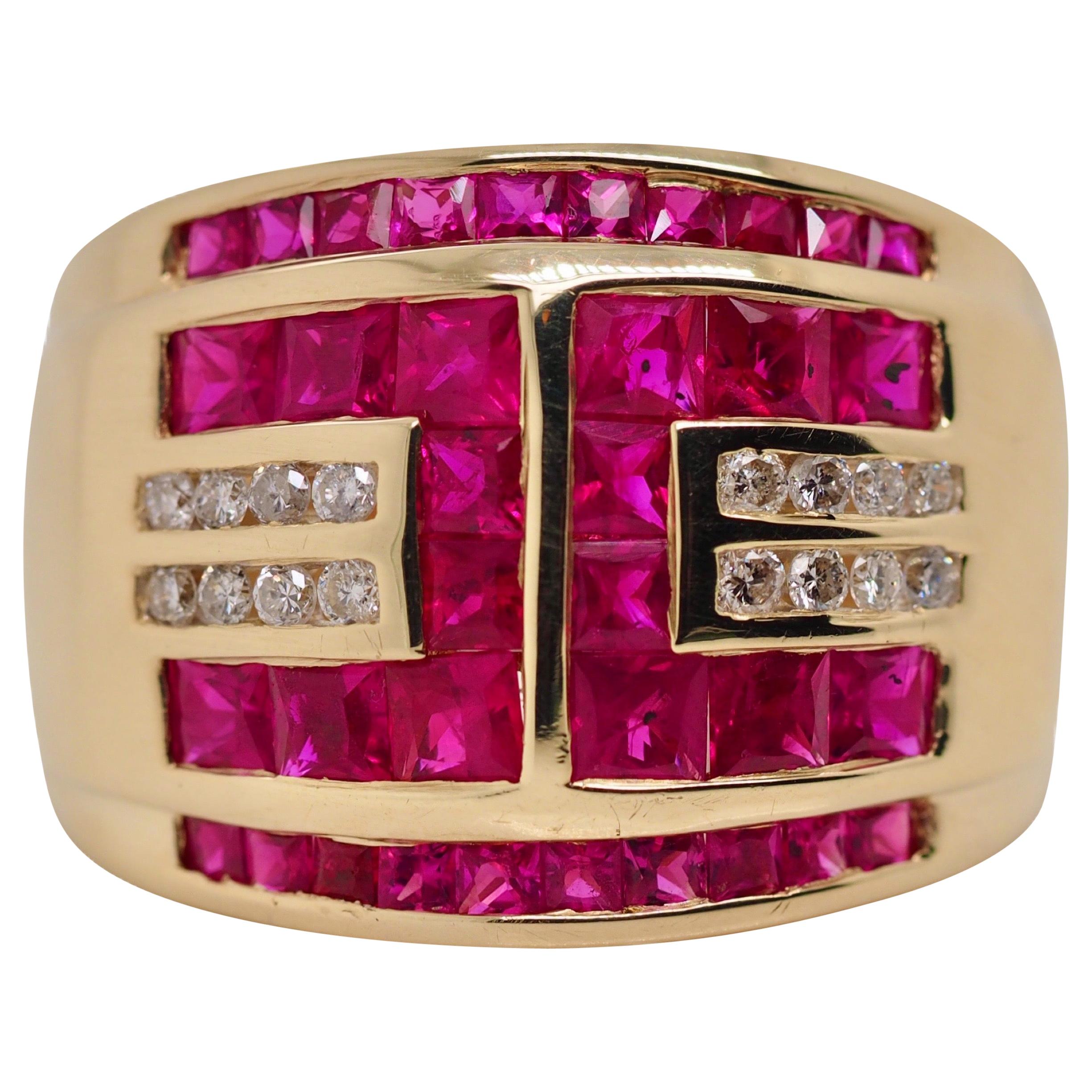 Ruby and Diamond Geometric Yellow Gold Cocktail Ring