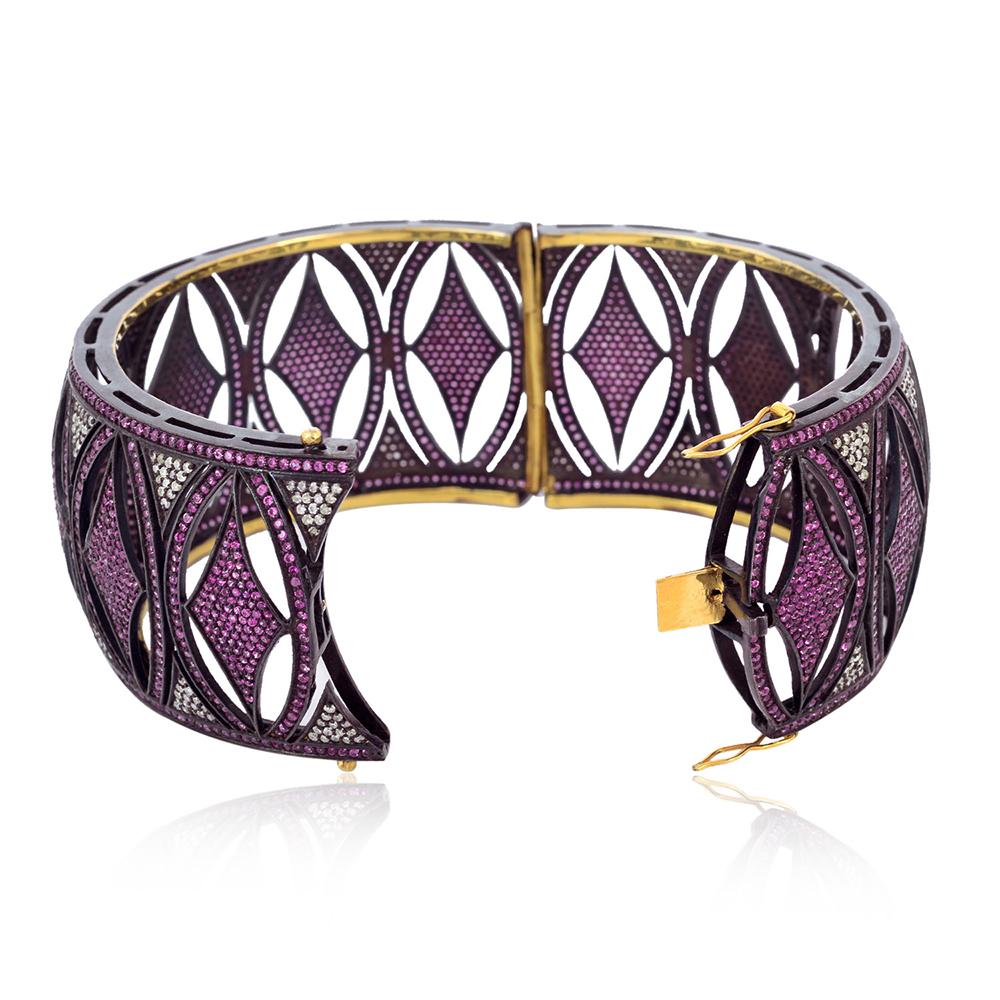 Ruby and Diamond Geometrical Design Cuff In New Condition In New York, NY