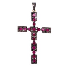 Ruby and Diamond Gold and Sterling Silver Cross Pendant Necklace