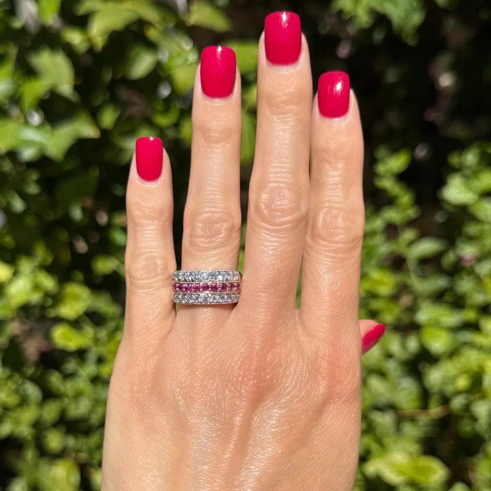 Modernist Ruby and Diamond Gold Band Vintage Cocktail Ring Estate Fine Jewelry For Sale