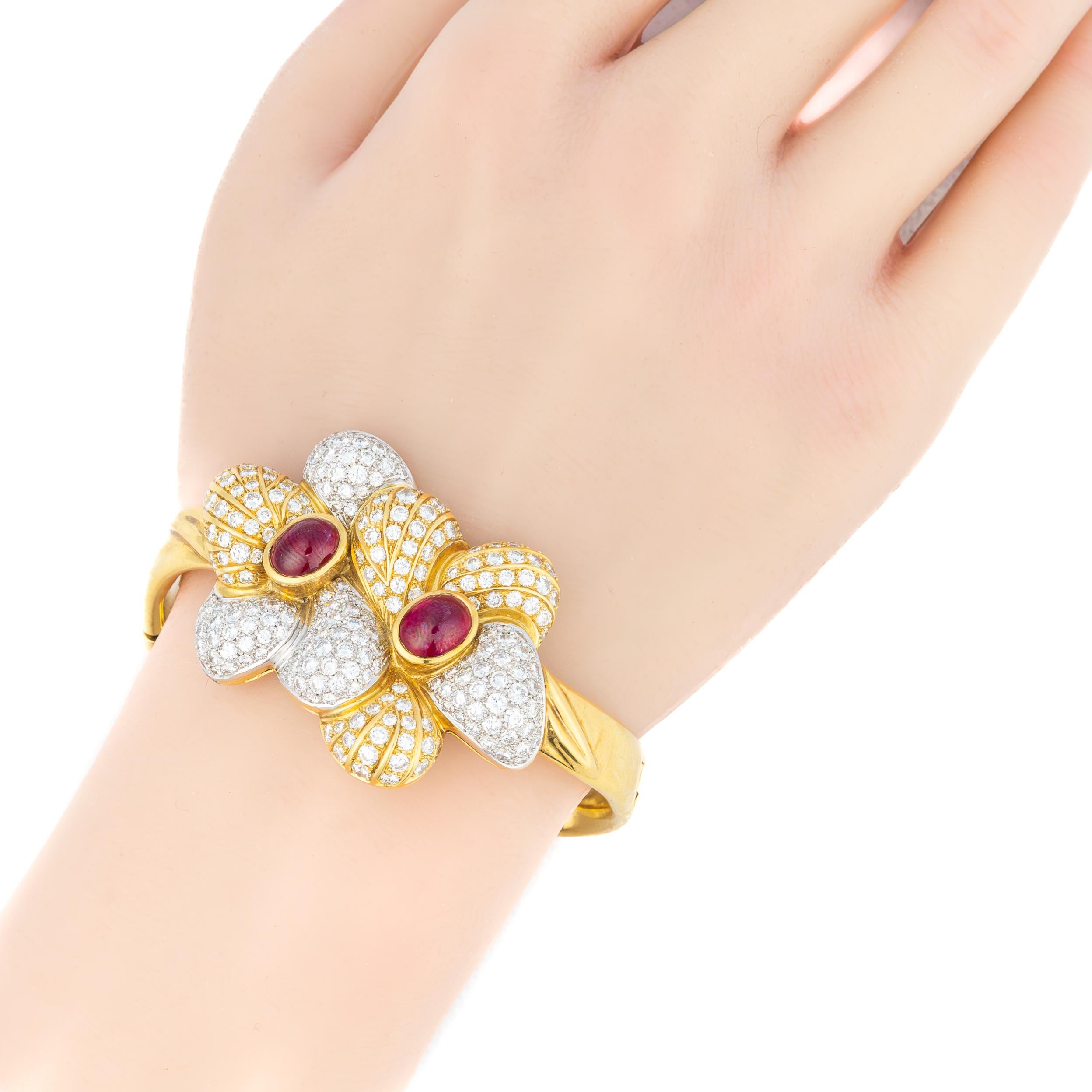 Cabochon Ruby and Diamond Gold Bangle Bracelet For Sale