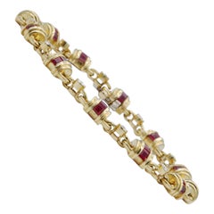 Ruby and Diamond Gold Barrel Link Bracelet