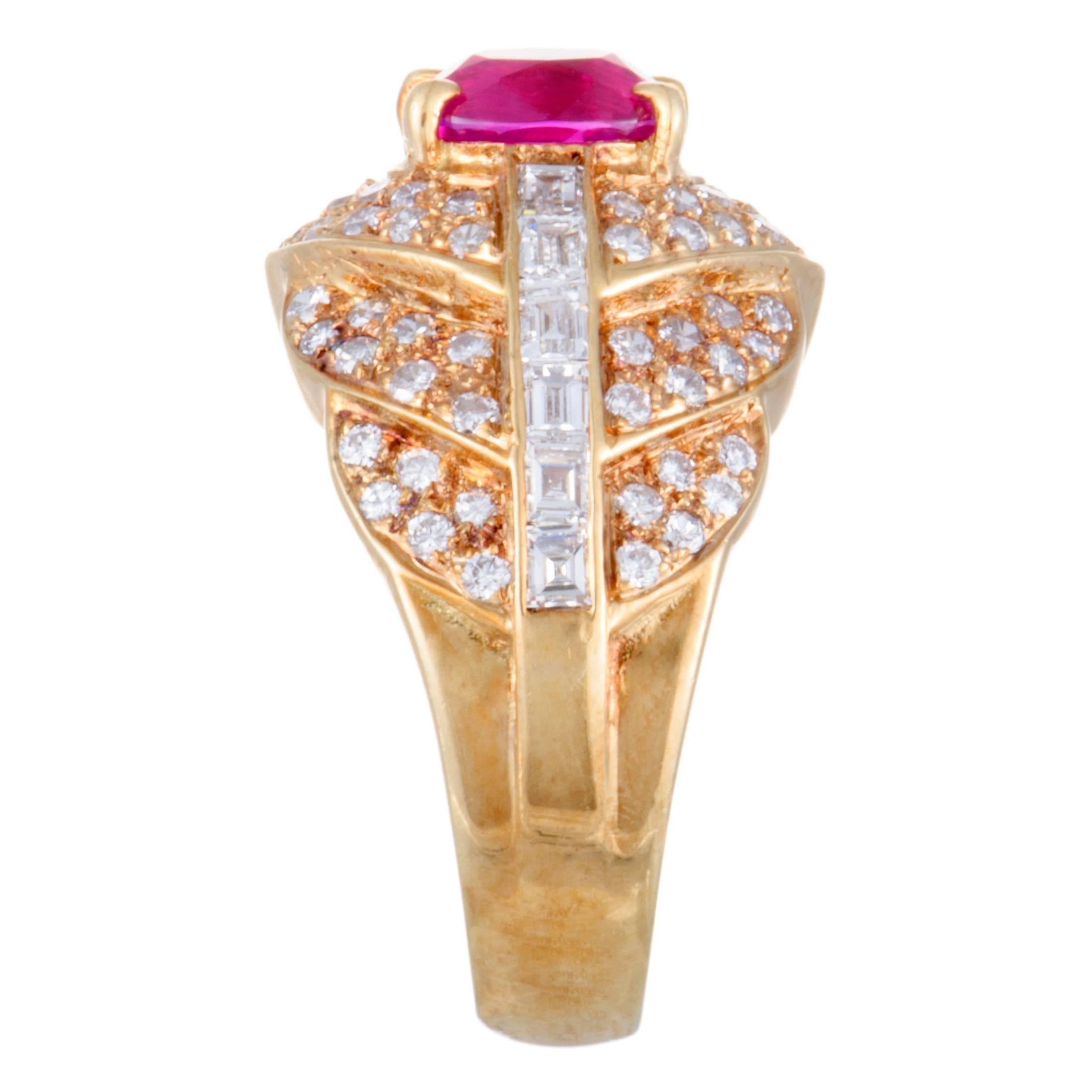 Oval Cut Ruby and Diamond Gold Bombe Band Ring