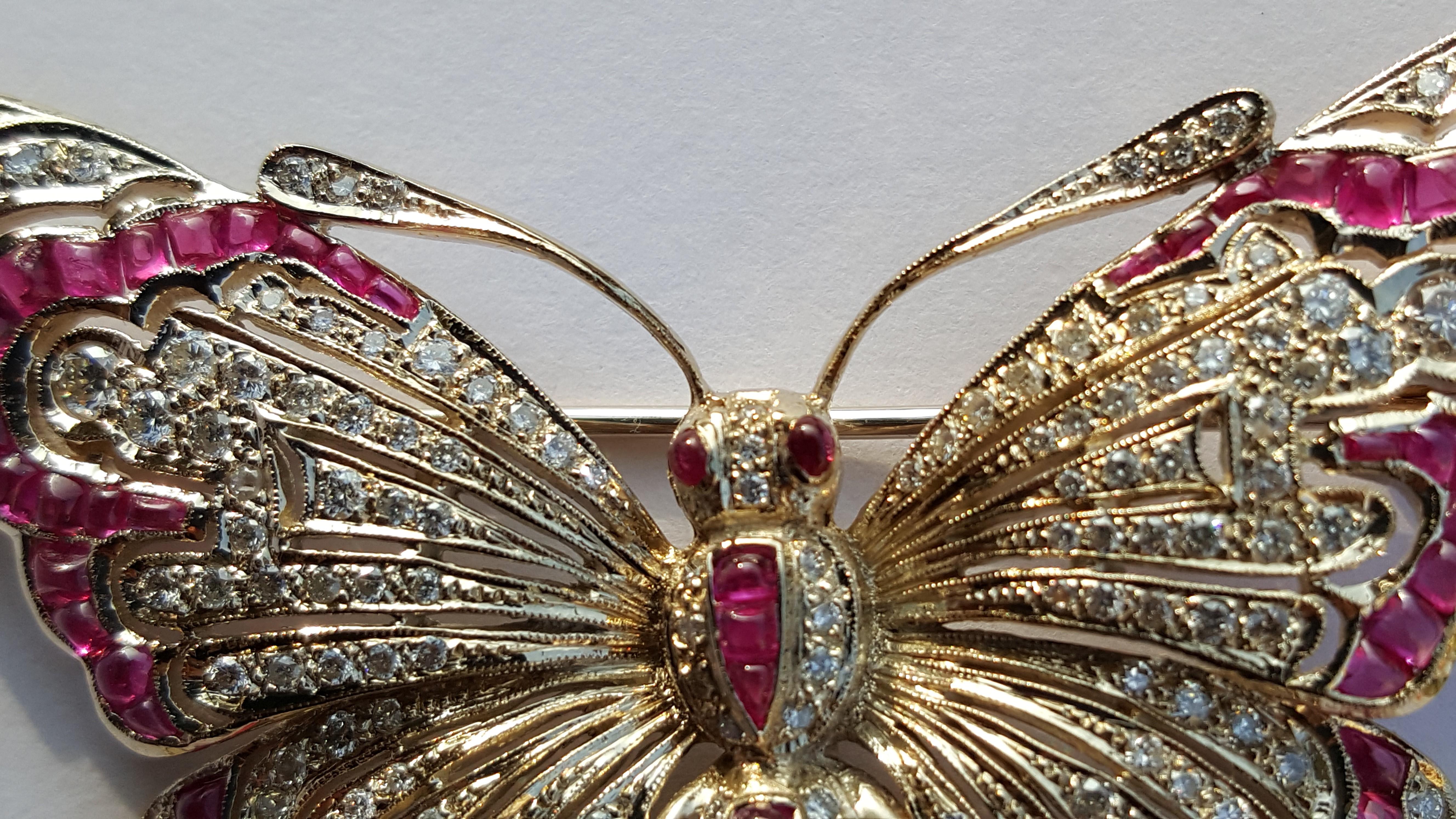 Ruby and Diamond Gold Butterfly Brooch For Sale 1