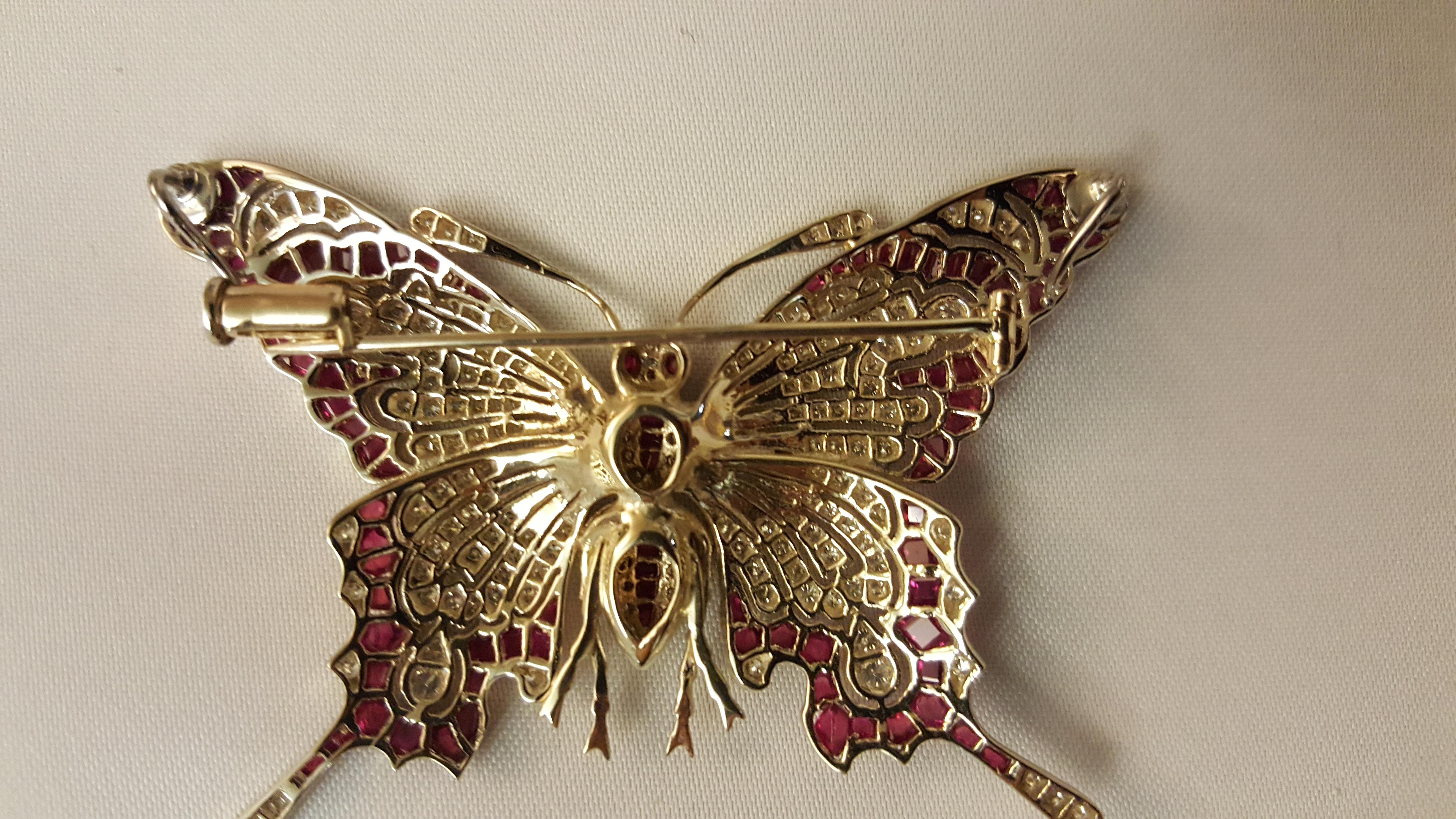 Ruby and Diamond Gold Butterfly Brooch For Sale 2