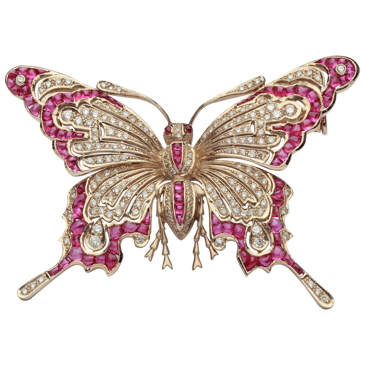 Ruby and Diamond Gold Butterfly Brooch For Sale