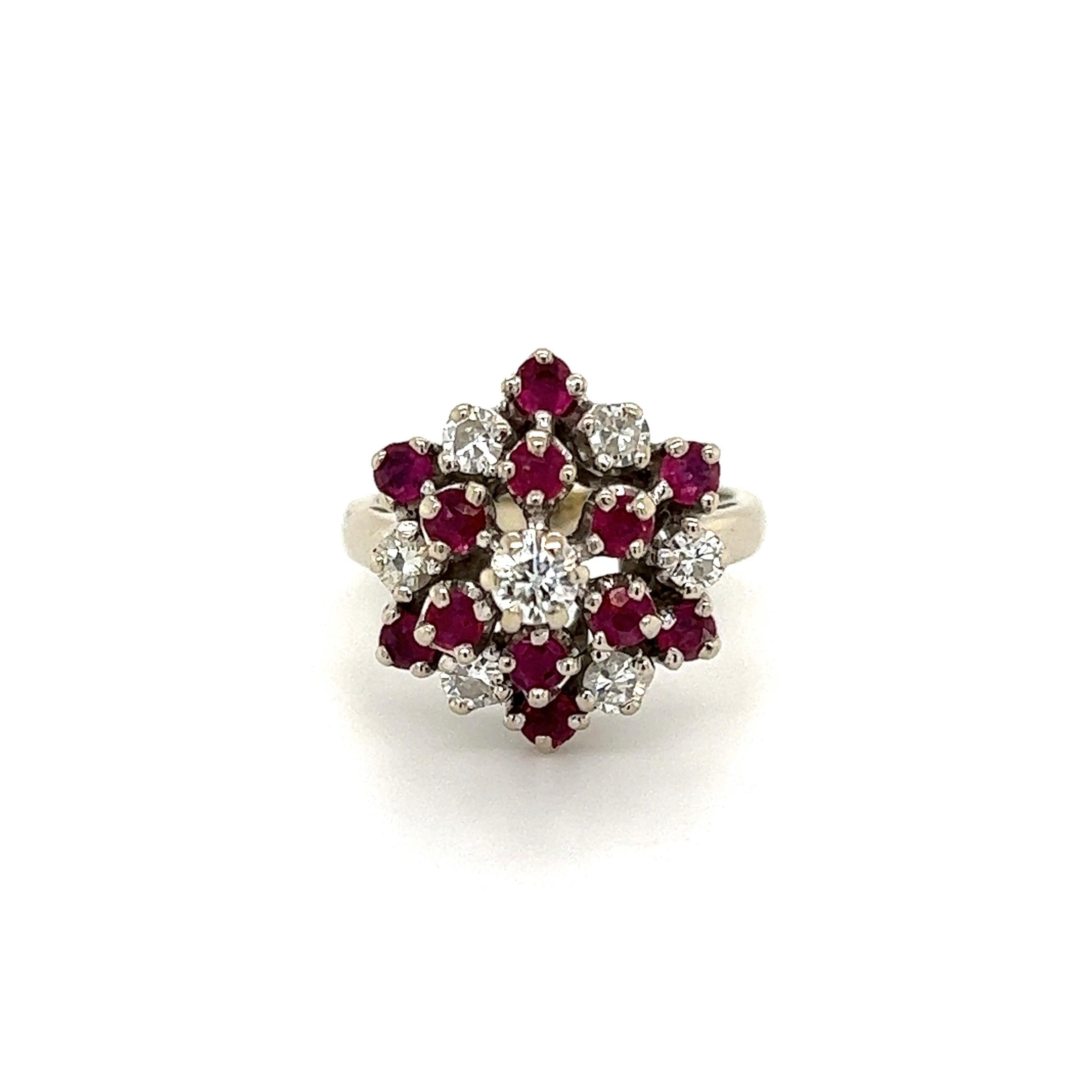 Contemporary Vintage Ruby and Diamond Gold Cluster Ring For Sale