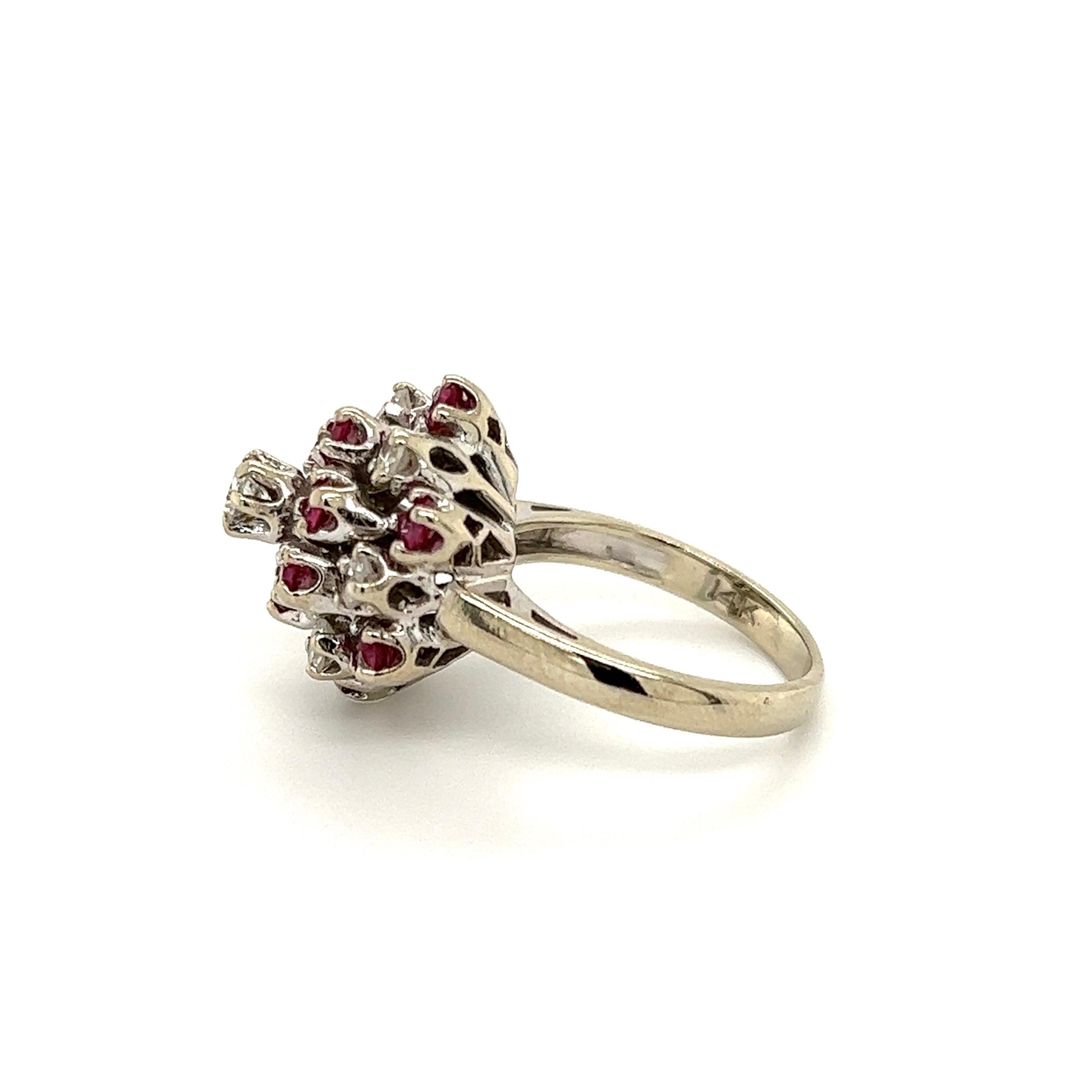 Round Cut Vintage Ruby and Diamond Gold Cluster Ring For Sale