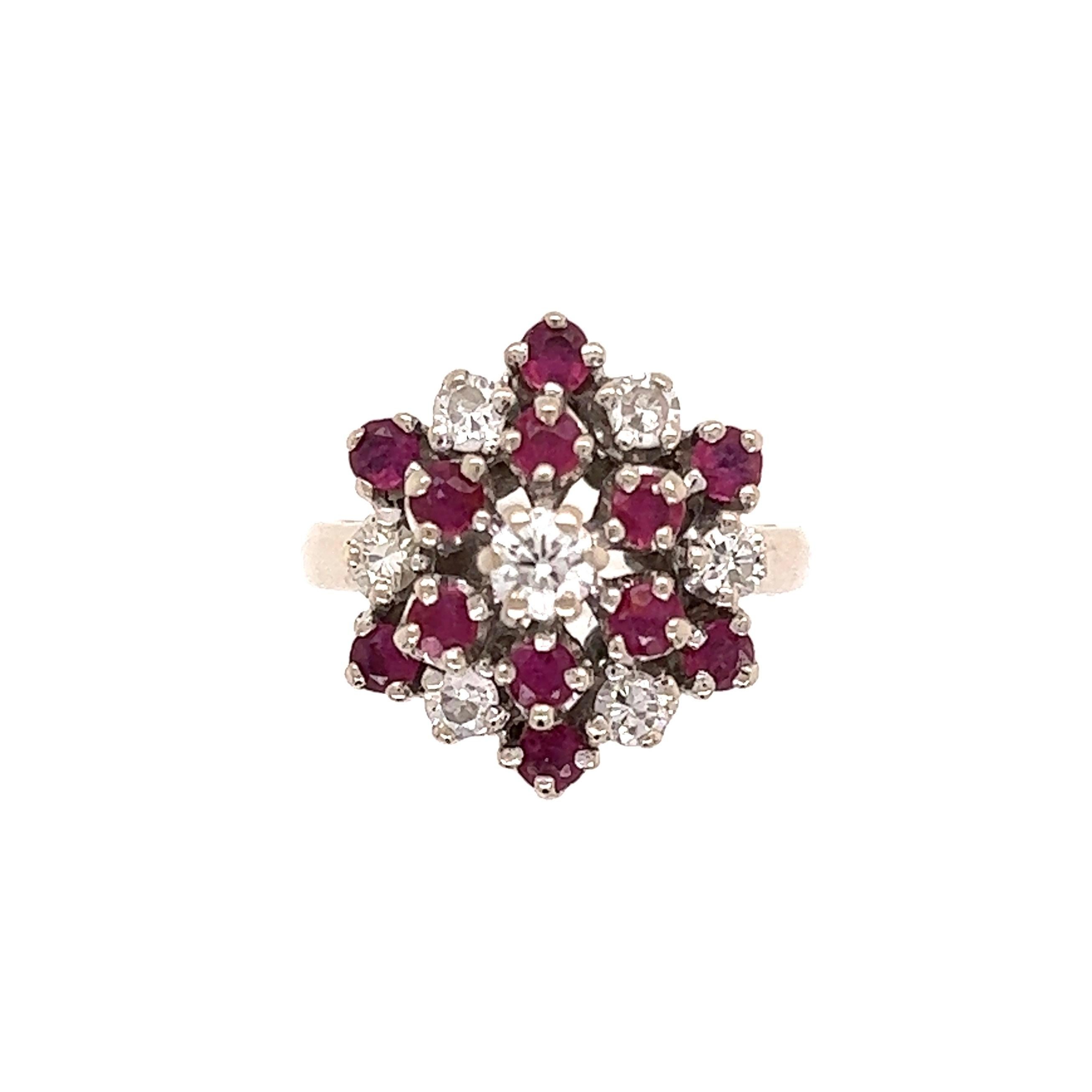 Women's Vintage Ruby and Diamond Gold Cluster Ring For Sale