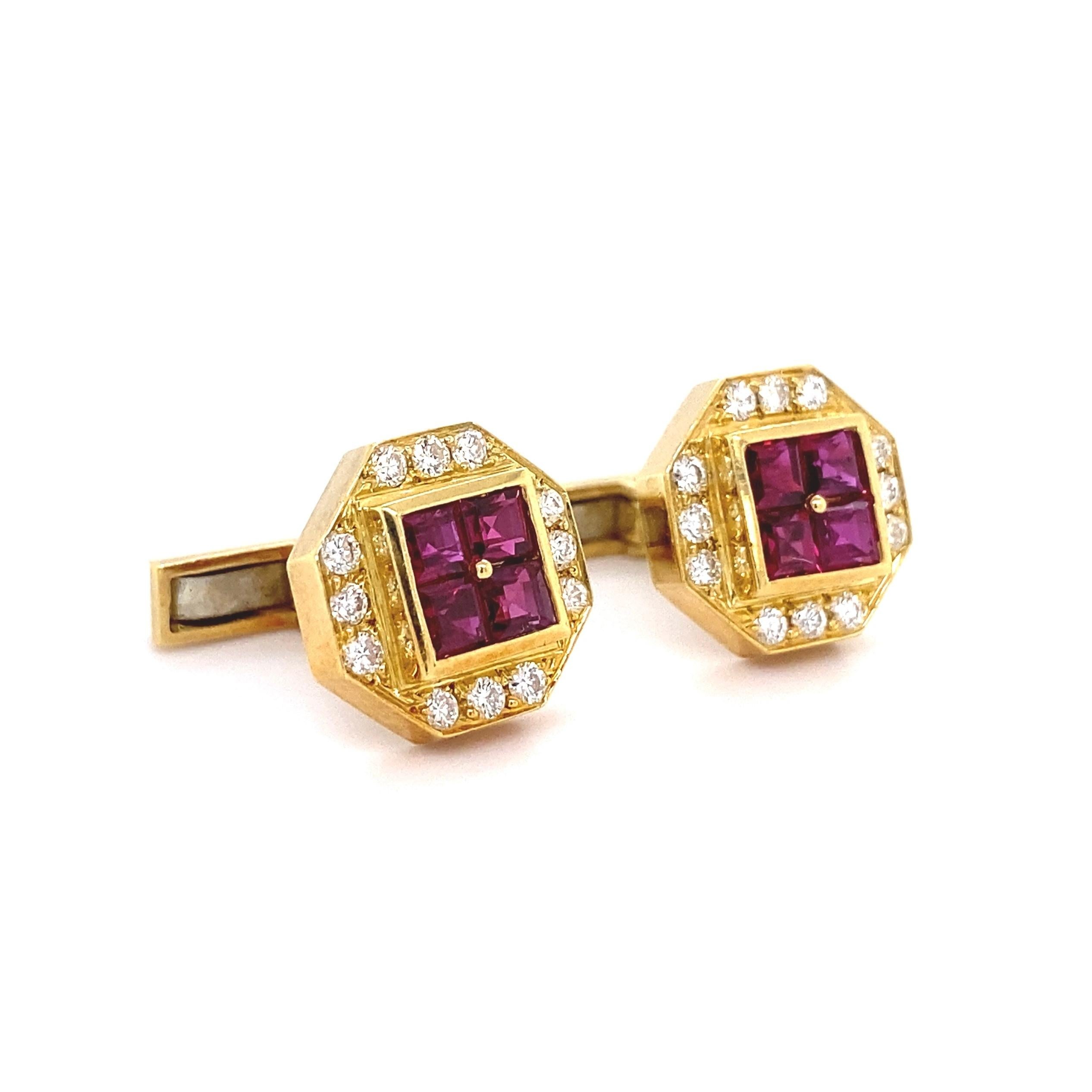 Awesome Ruby and Diamond Gold Cufflinks securely set with 8 Square Rubies, approx. 1.60tcw and 36 Brilliant cut Diamonds, approx. 1.00tcw. Beautifully Hand crafted in 18K Yellow Gold. Measuring approx. 0.52” x 0.51”. Classic and Stylish...For that