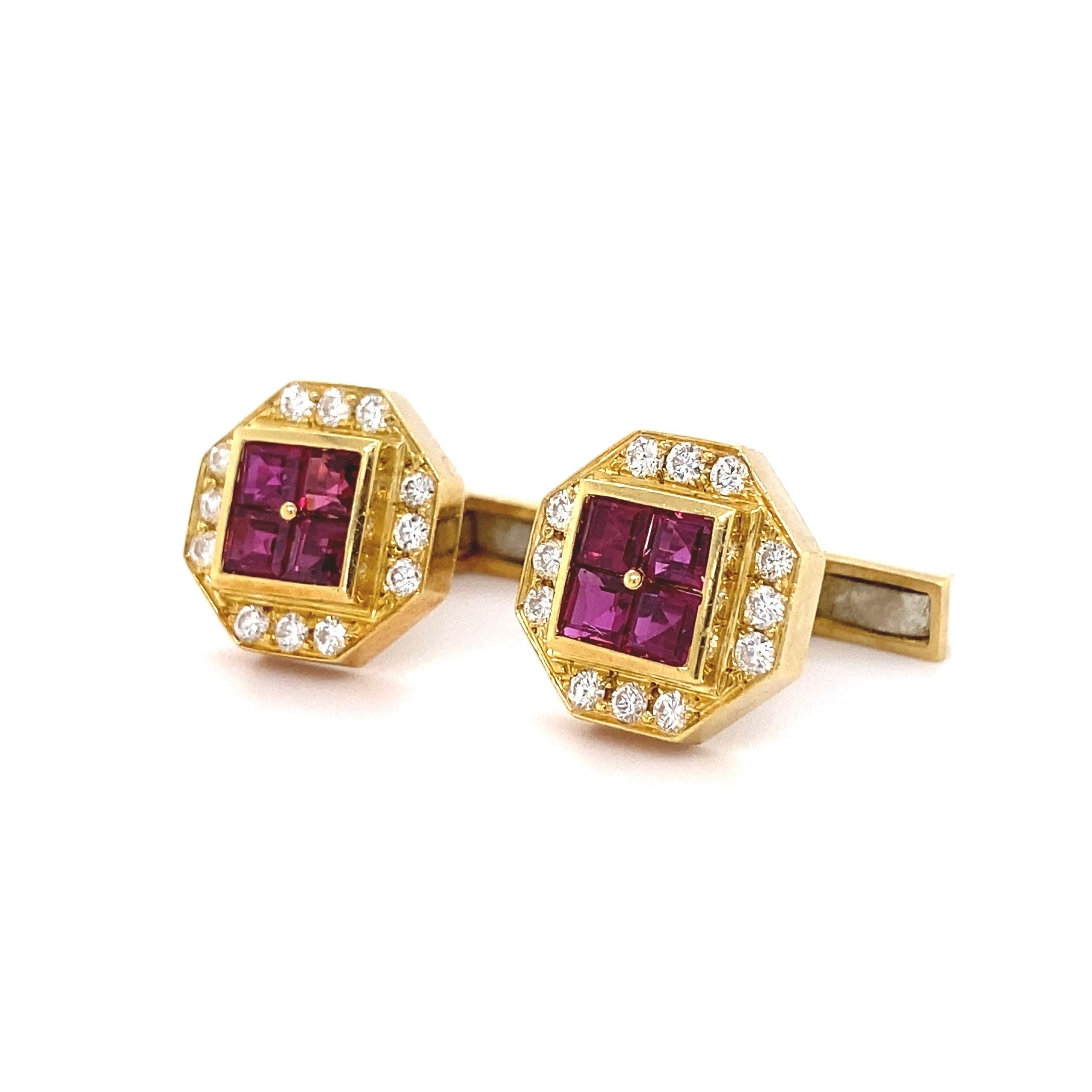 Mixed Cut Ruby and Diamond Gold Cufflinks Estate Fine Jewelry