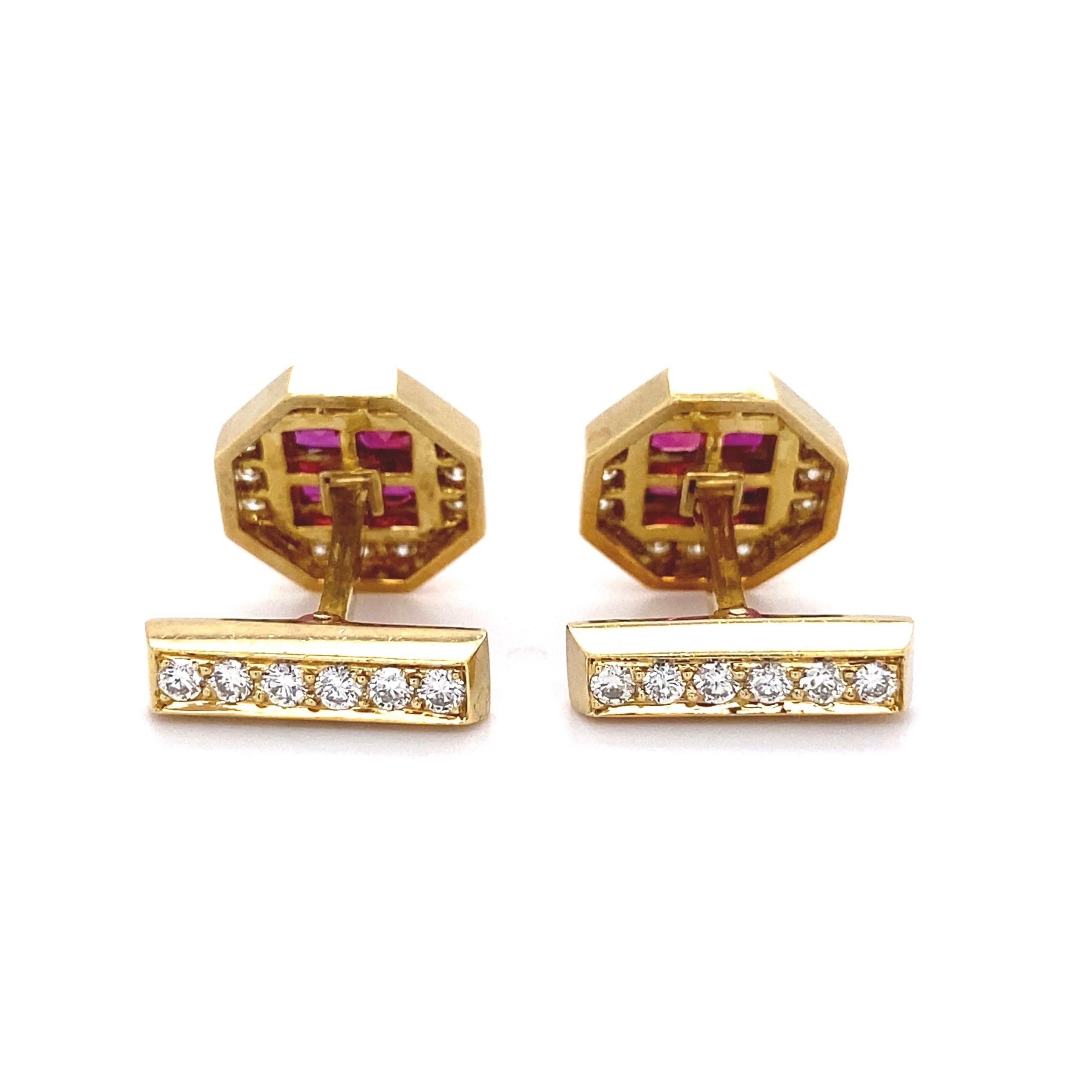Women's or Men's Ruby and Diamond Gold Cufflinks Estate Fine Jewelry