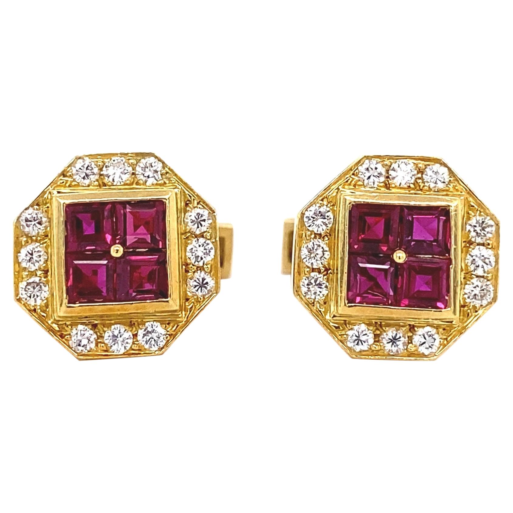 Ruby and Diamond Gold Cufflinks Estate Fine Jewelry