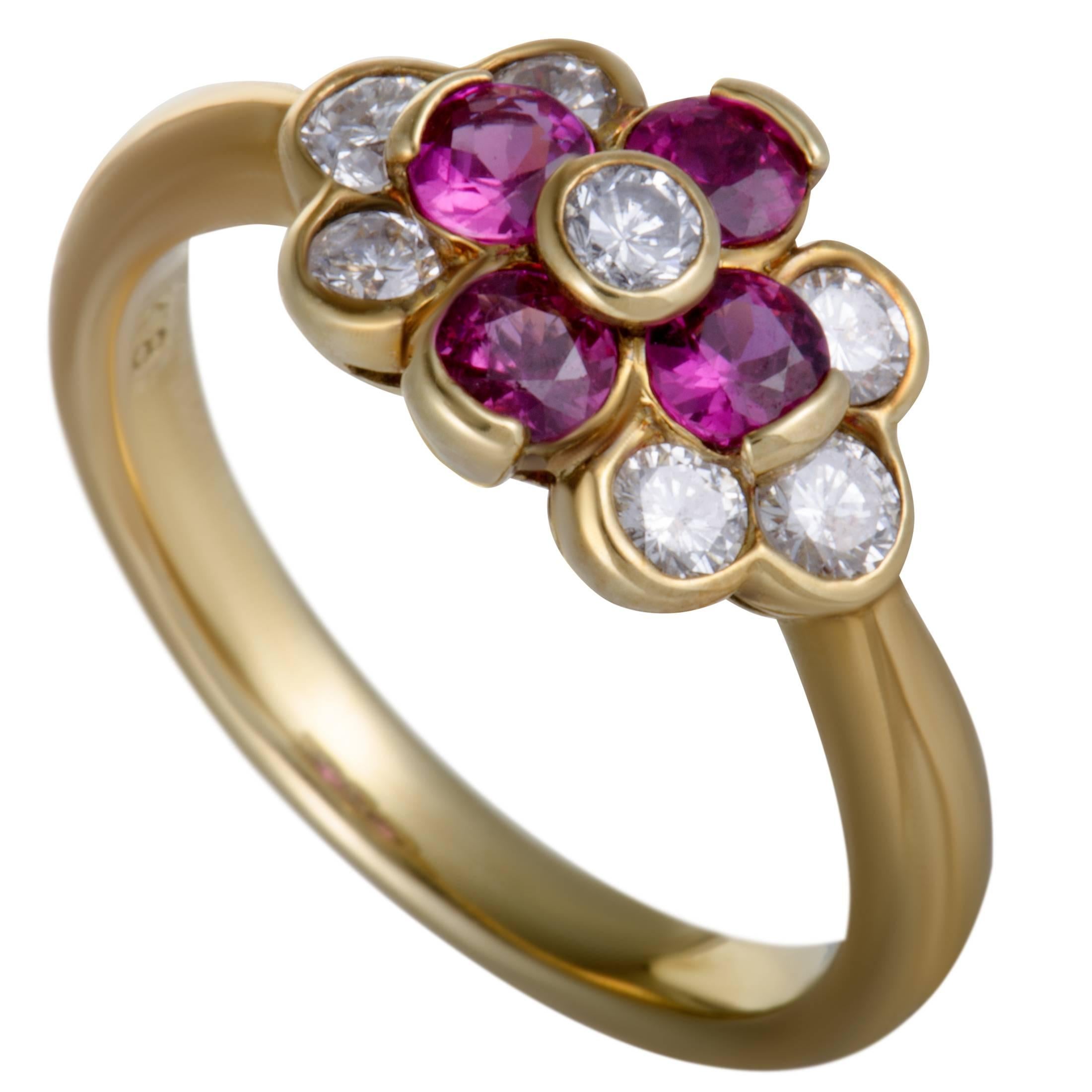 Ruby and Diamond Gold Floral Cluster Ring