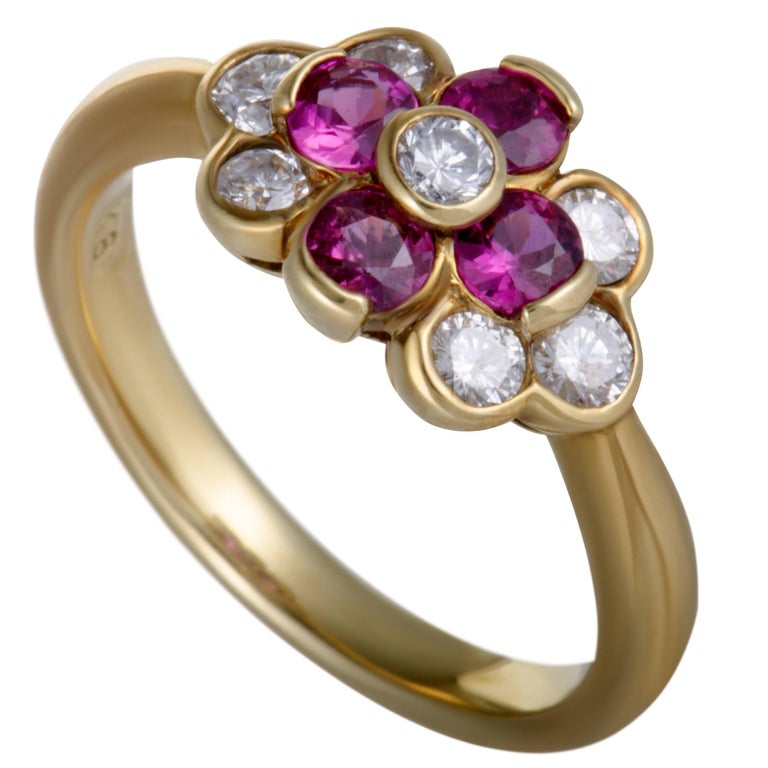 Ruby and Diamond Gold Floral Cluster Ring at 1stDibs