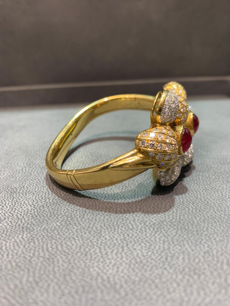 Cabochon Ruby and Diamond Gold Flower Bangle Bracelet For Sale