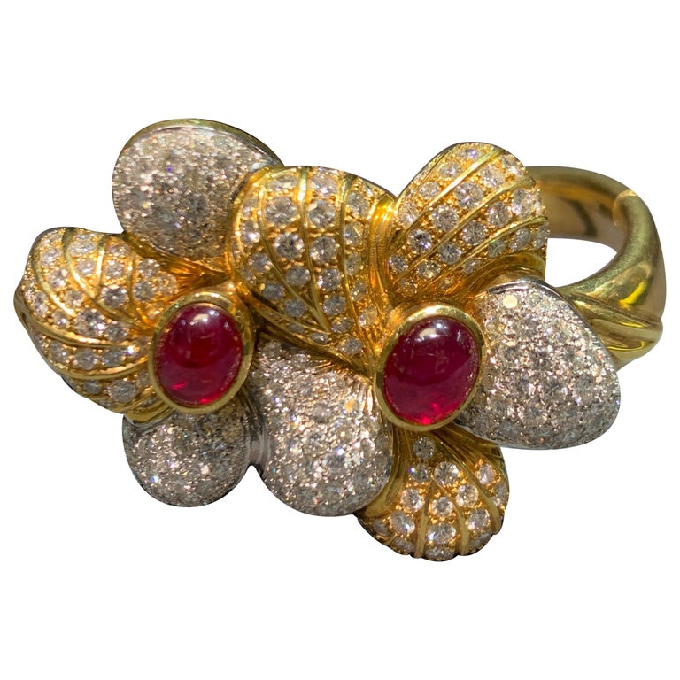Ruby and Diamond Gold Flower Bangle Bracelet For Sale