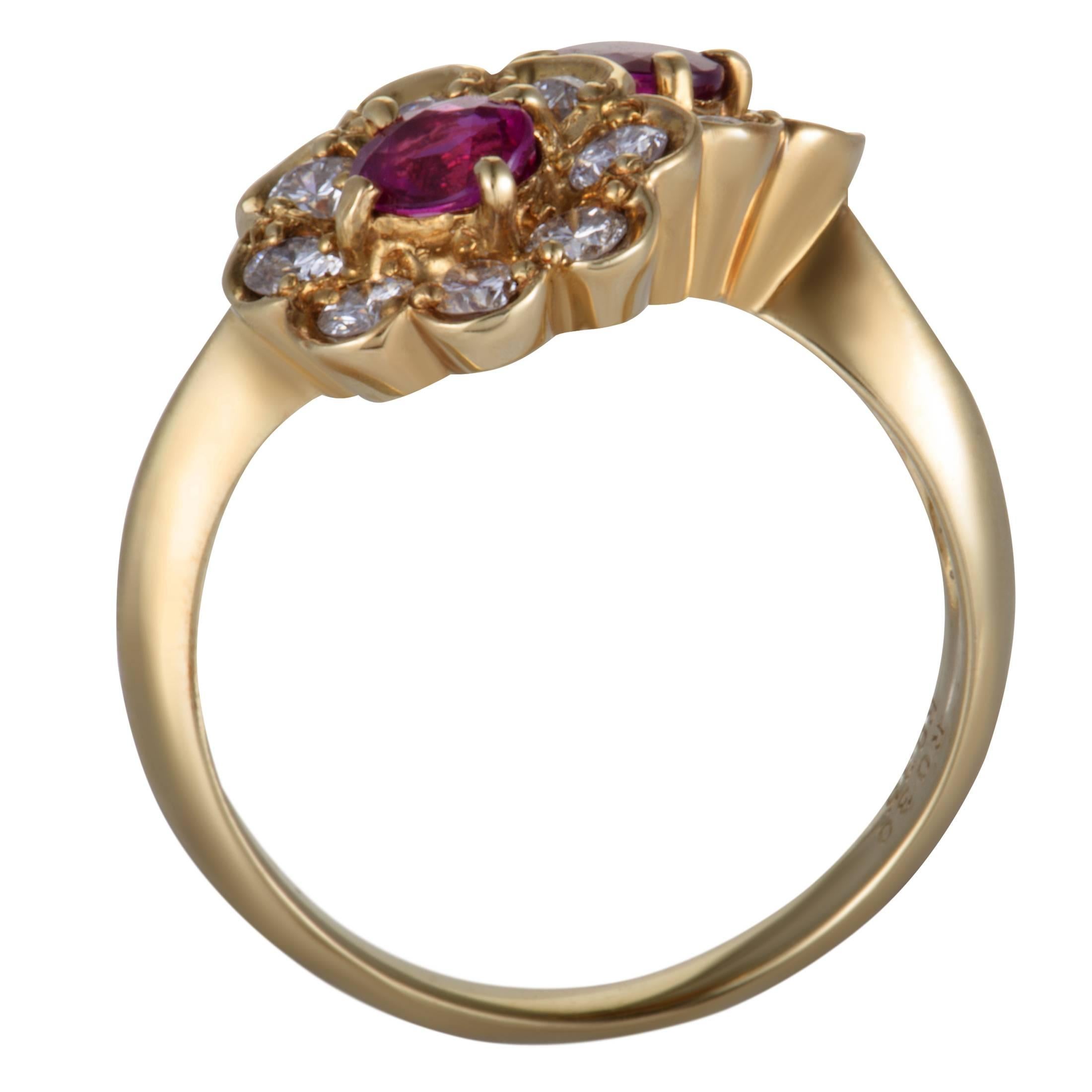 Reminiscent of two graceful flowers, this dazzling ring offers an incredibly eye-catching and vivacious appearance. The ring is made of luxurious 18K yellow gold and embellished with scintillating diamonds and feminine rubies that total 0.64 and