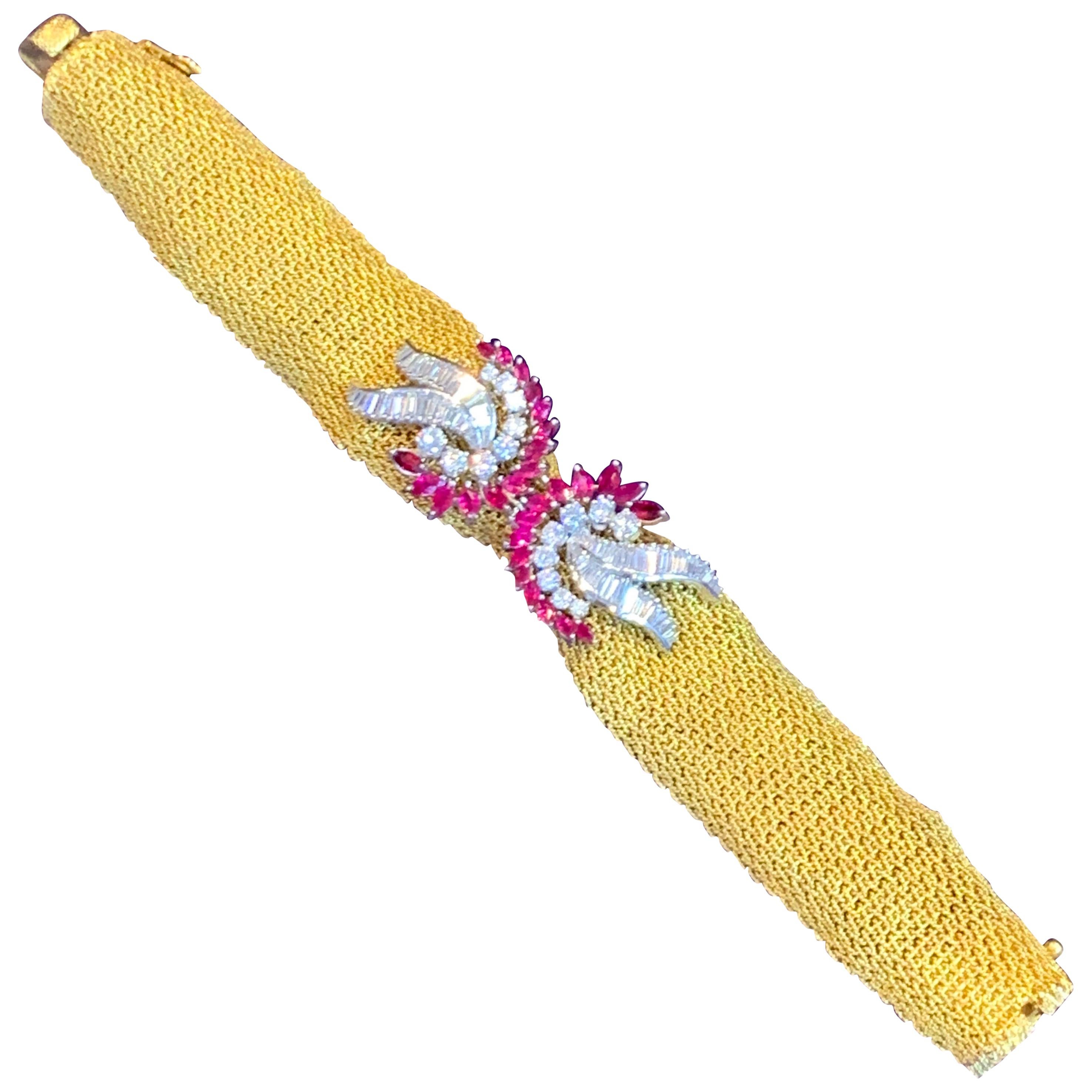 Ruby and Diamond Gold Mesh Bracelet For Sale