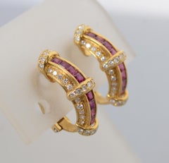 Ruby and Diamond Half Hoop Gold Earrings