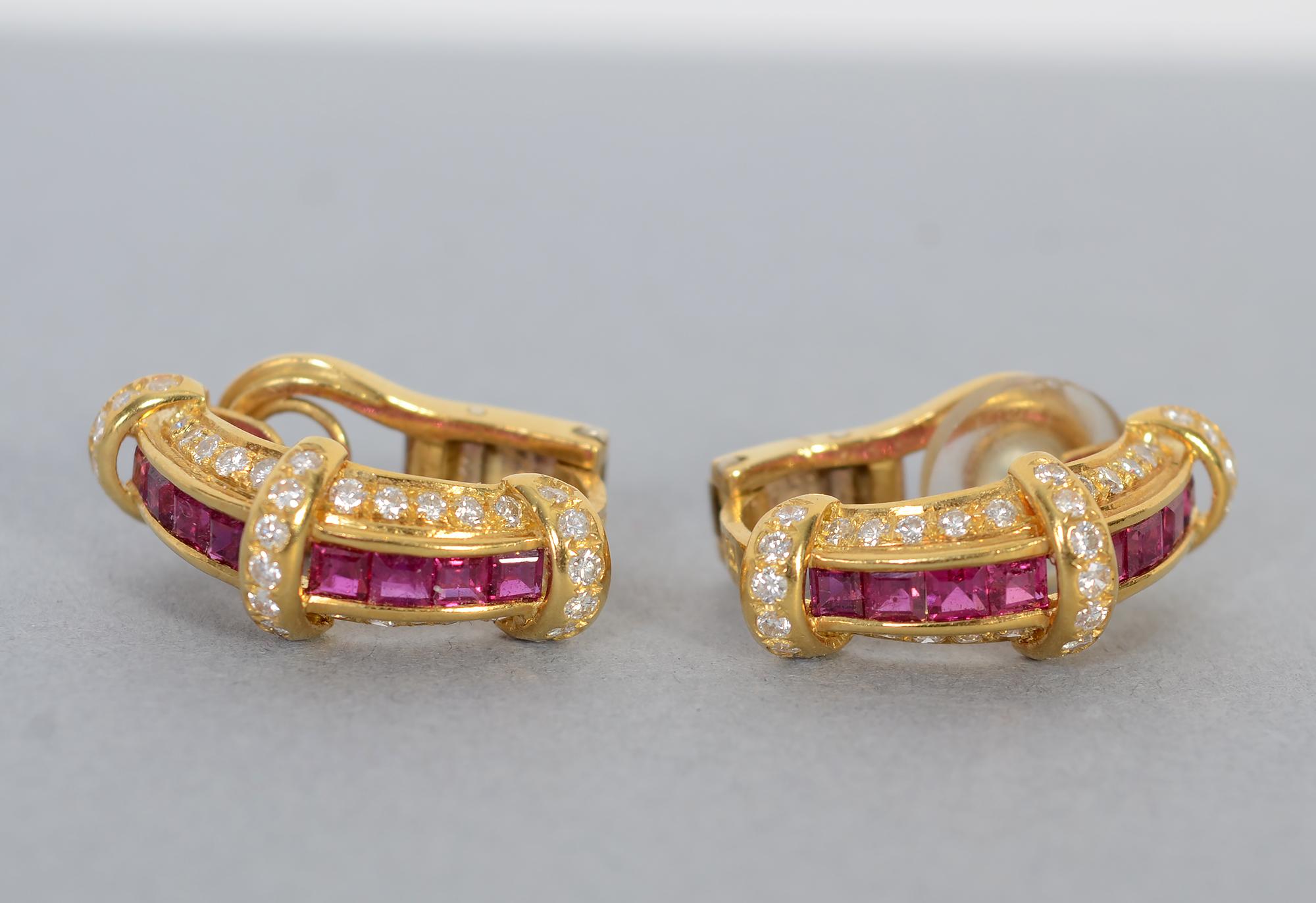 Contemporary Ruby and Diamond Half Hoop Gold Earrings For Sale