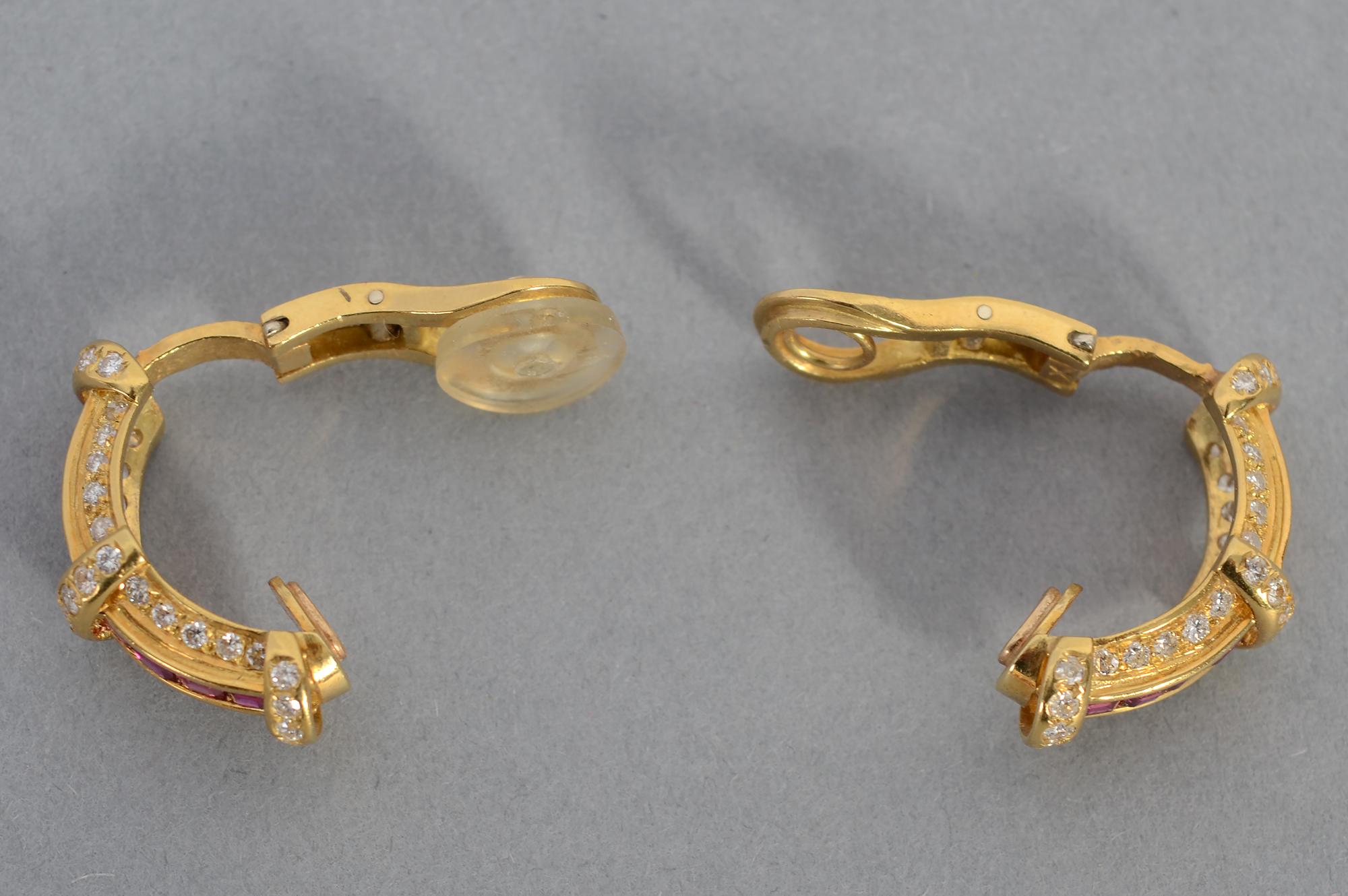 Ruby and Diamond Half Hoop Gold Earrings In Excellent Condition For Sale In Darnestown, MD