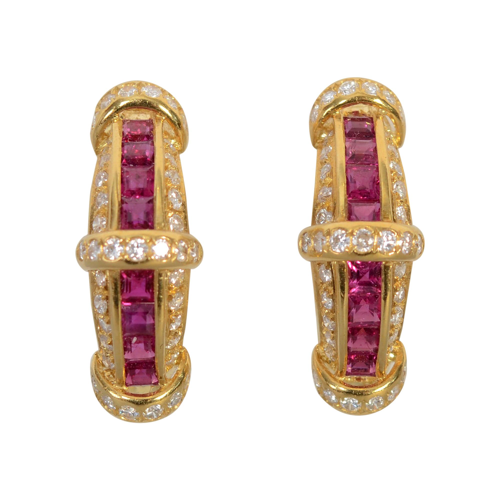 Ruby and Diamond Half Hoop Gold Earrings For Sale