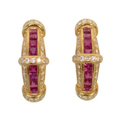 Ruby and Diamond Half Hoop Gold Earrings