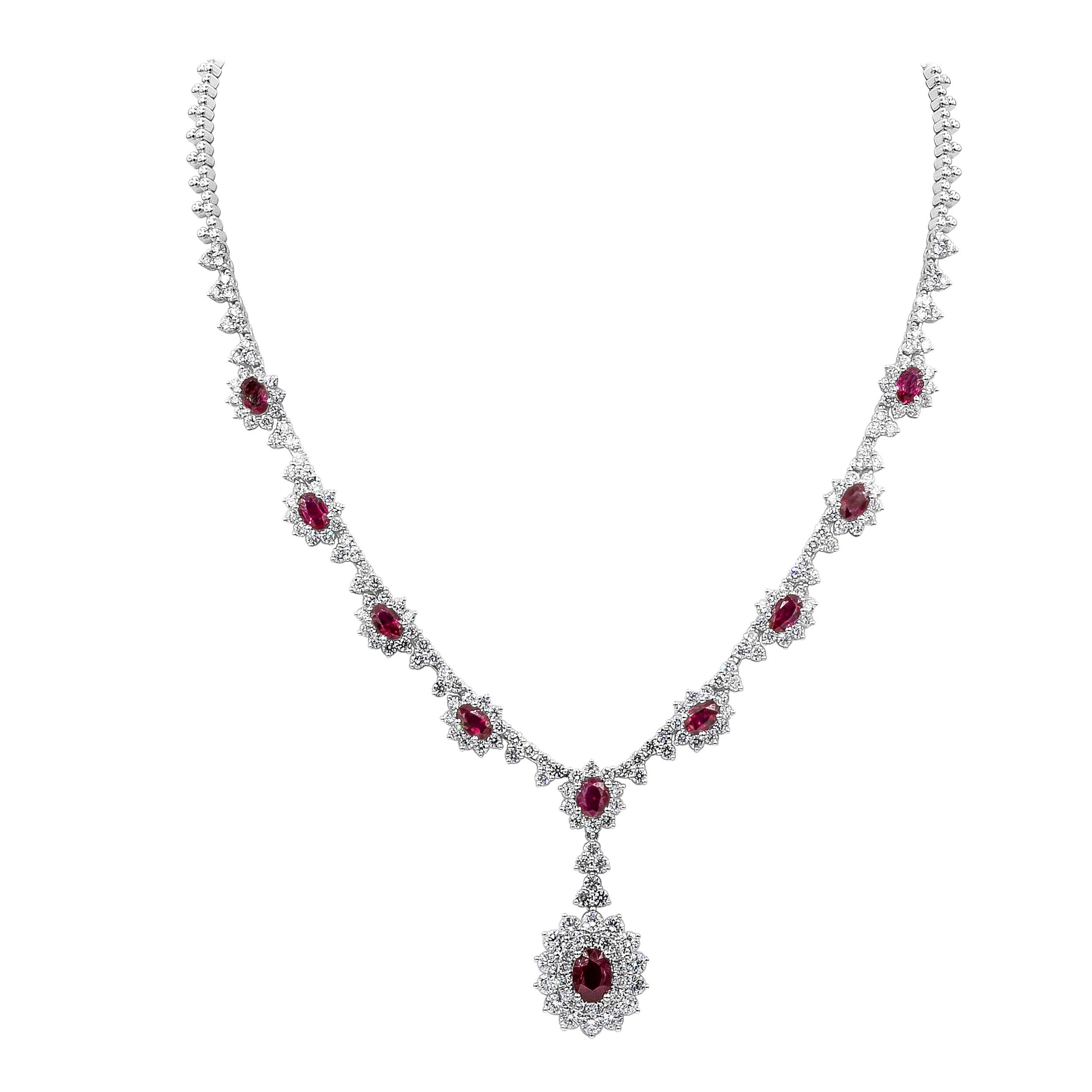5.93 Carats Oval Cut Ruby & Diamond Halo Pendant Necklace in White Gold