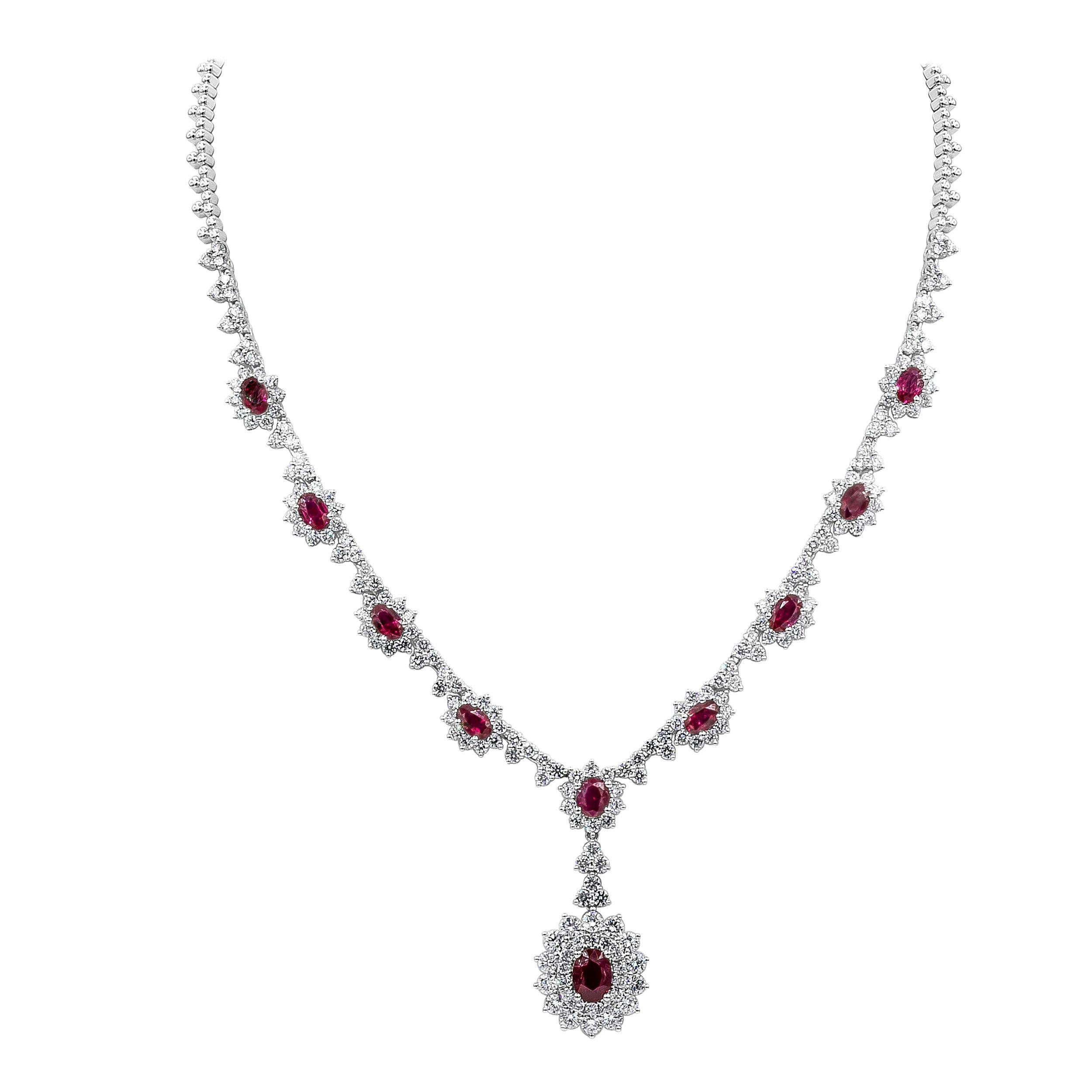 Roman Malakov 5.93 Carat Oval Cut Rubies with Diamond Halo Pendant Necklace For Sale