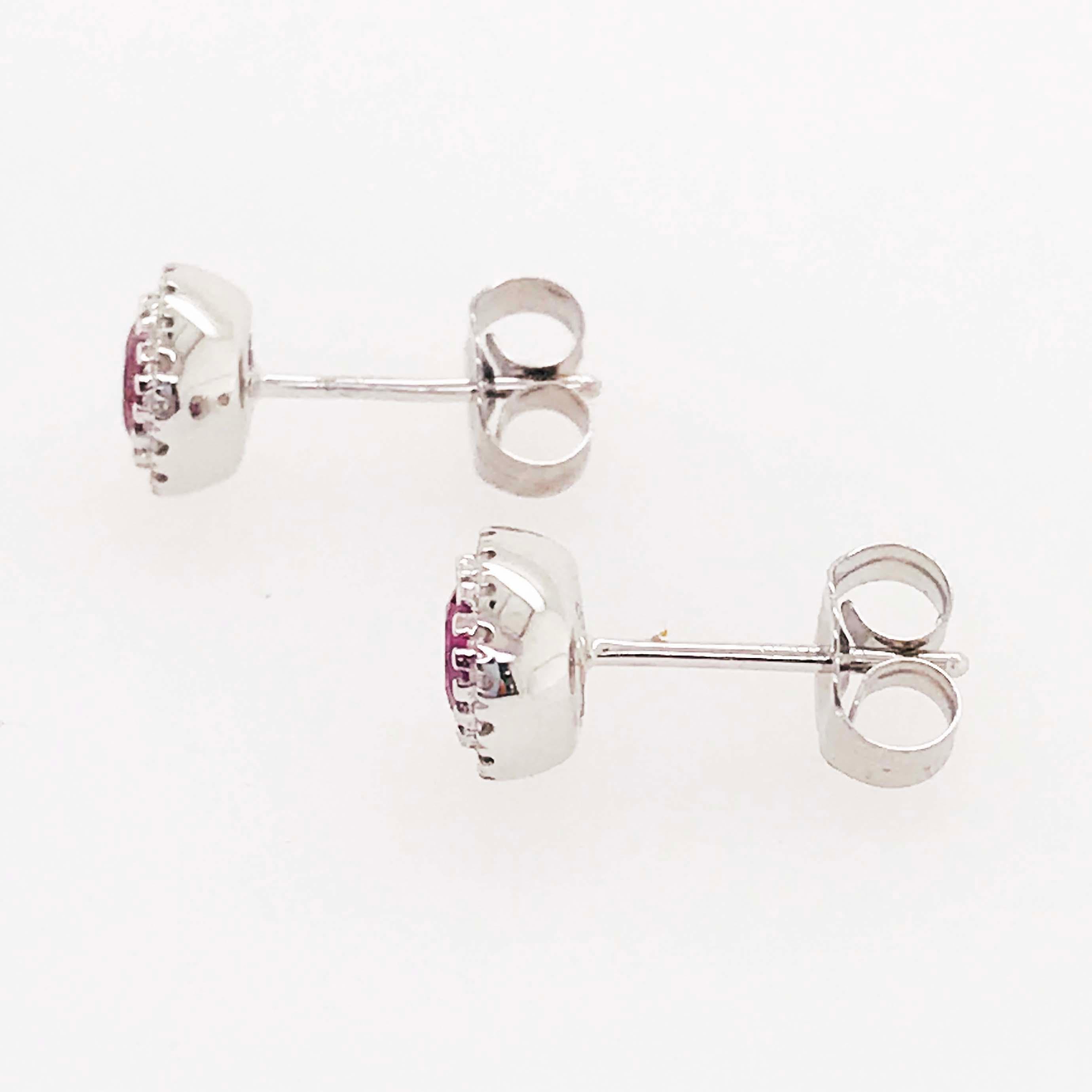 Modern Ruby and Diamond Halo Earring Studs, 14 Karat Gold July Birthstone Earrings