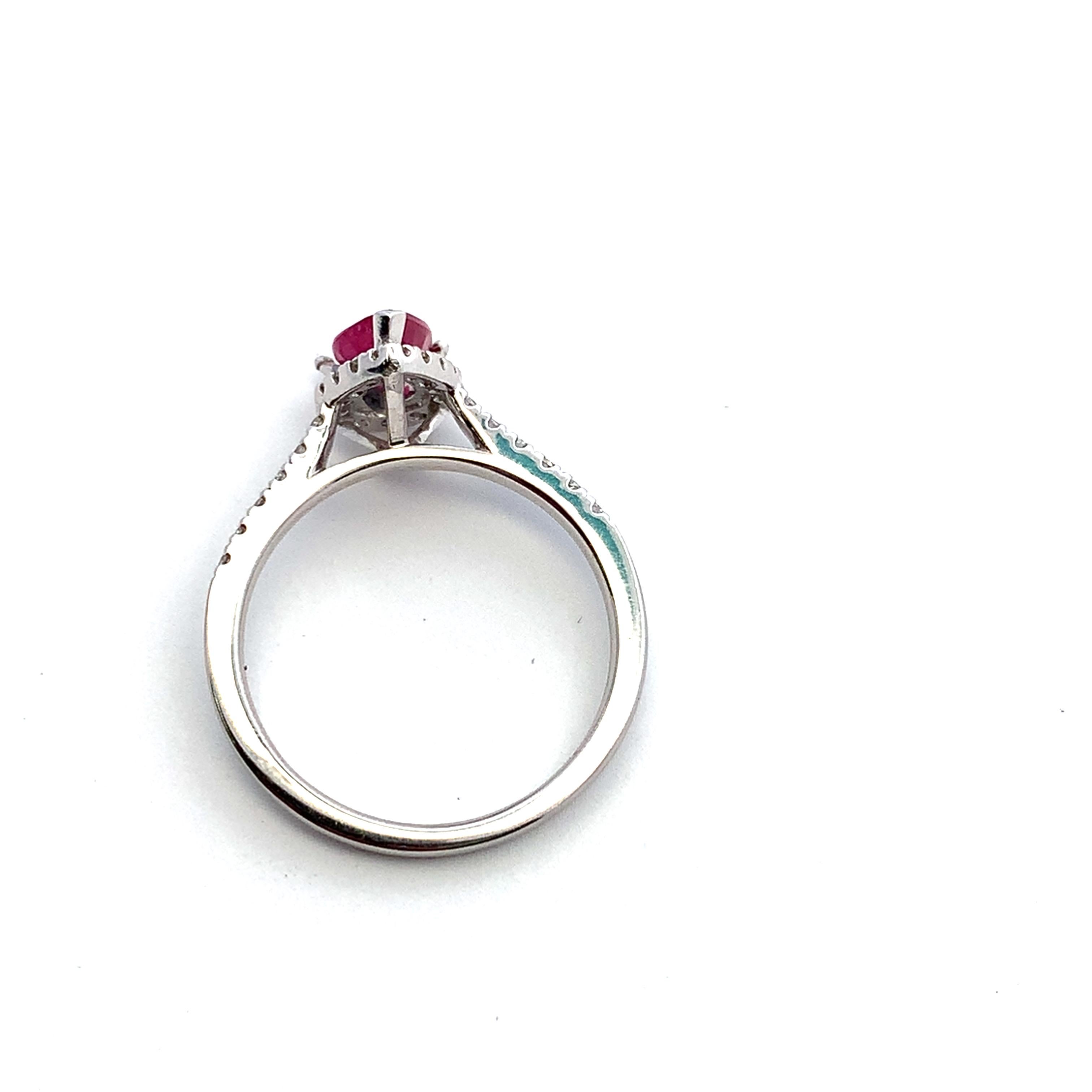 Pear Cut Ruby and diamond halo engagement ring 18k white gold For Sale